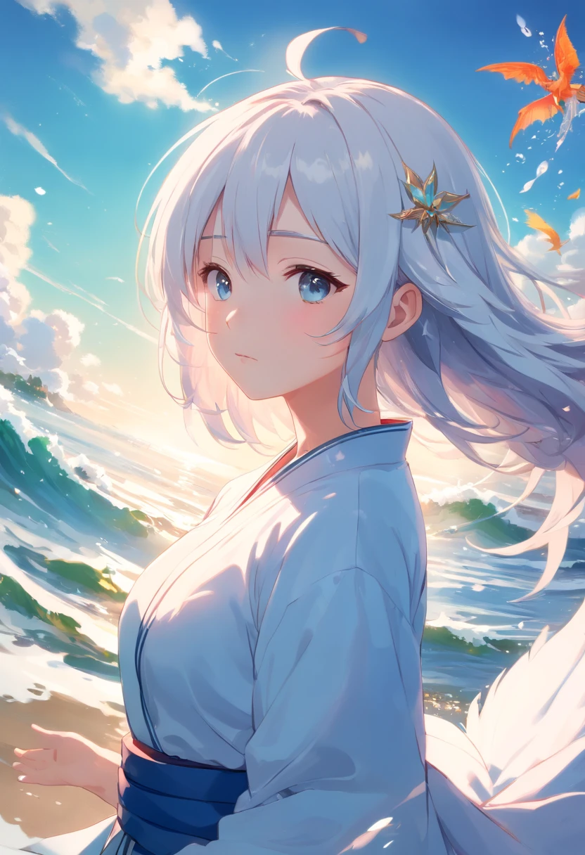((Masterpiece,Best quality)),(1girll, Solo:1.4),美丽细致的眼睛,floated hair,white backgrounid,Buble,Fluorescence,Water made up of girls,Gorgeous Chinese costumes,clean backdrop,National tide wind,clouds,wave,Eau,wave,Water Technique,1girll,Flying long hair,florals,An oriental dragon composed of water,Cyan and white,Works of masters,HighestQuali,high detal,8K , white hair , ((closing eyes))