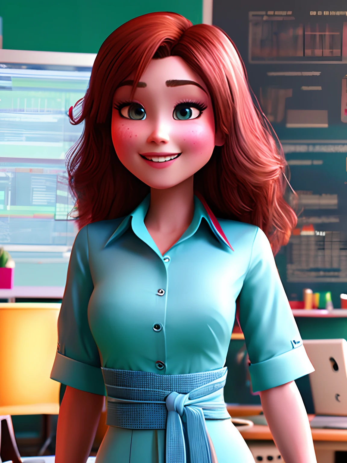 pixarstyle a waist-length portrait of a young woman in a office shirt, smile, office, natural skin texture, 4k textures, hdr, intricate, highly detailed, sharp focus, cinematic look, hyperdetailed