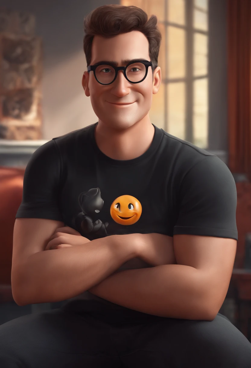 Pixar style, cartoon pixar style, male using glasses, smiling, staring at the camera, black TShirt written "Cripto"