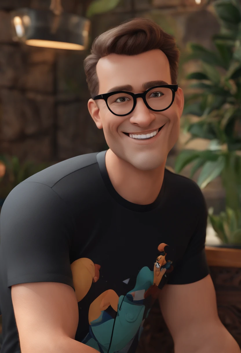 Pixar style, cartoon pixar style, male using glasses, smiling, staring at the camera, black TShirt written "Cripto"