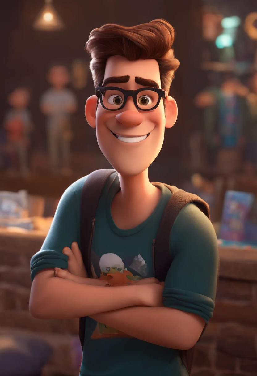 Pixar style, cartoon pixar style, male using glasses, smiling, staring at the camera, black TShirt written "Cripto"