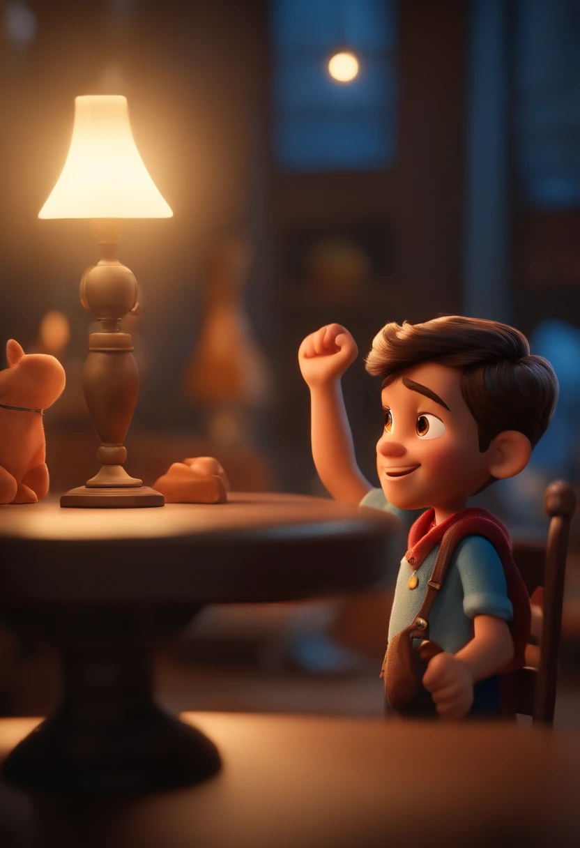 Garoto, estilo disney, tom de pele: claro: Cabelo: marrom escuro, liso, curto, penteado para o lado direito. camisa: social, Cor azul. Fundo: Gray and white gradient,Comemorando, Hands raised, sorrindo, feliz, (estilo pixar) (obra-prima:1.2) (bokeh) (melhor qualidade) (pele detalhada) (textura detalhada) (8k) (claymation) (cinematic lighthing) (foco nítido