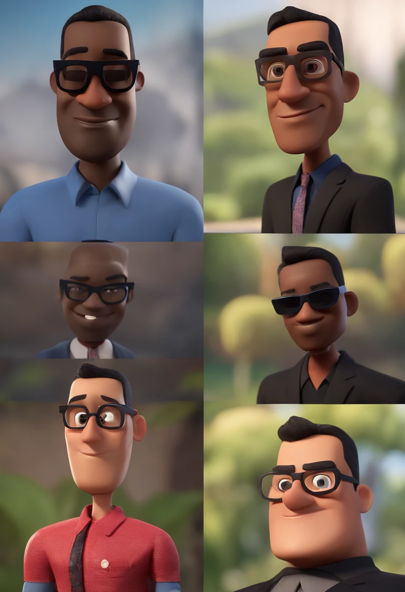 Cartoon character of a man wearing black glasses and a black shirt an animated character, Caractere estilizado, animation style rendering, 3D estilizado, Denzel Washington, 3 d render stylized, toon render keyshot, Personagem 3D, Personagem 3D, 3d rendering stylized, 3 d character render, personagem de desenho animado, Personagem de close up, Pose de personagem, (Estilo Pixar) (master part:1.2) (Bokeh) (best quality) (pele detalhada) (textura detalhada) (8k) (argila) (Cinematic lighting) (foco nítido，Senta e vaza a parte superior do corpo
