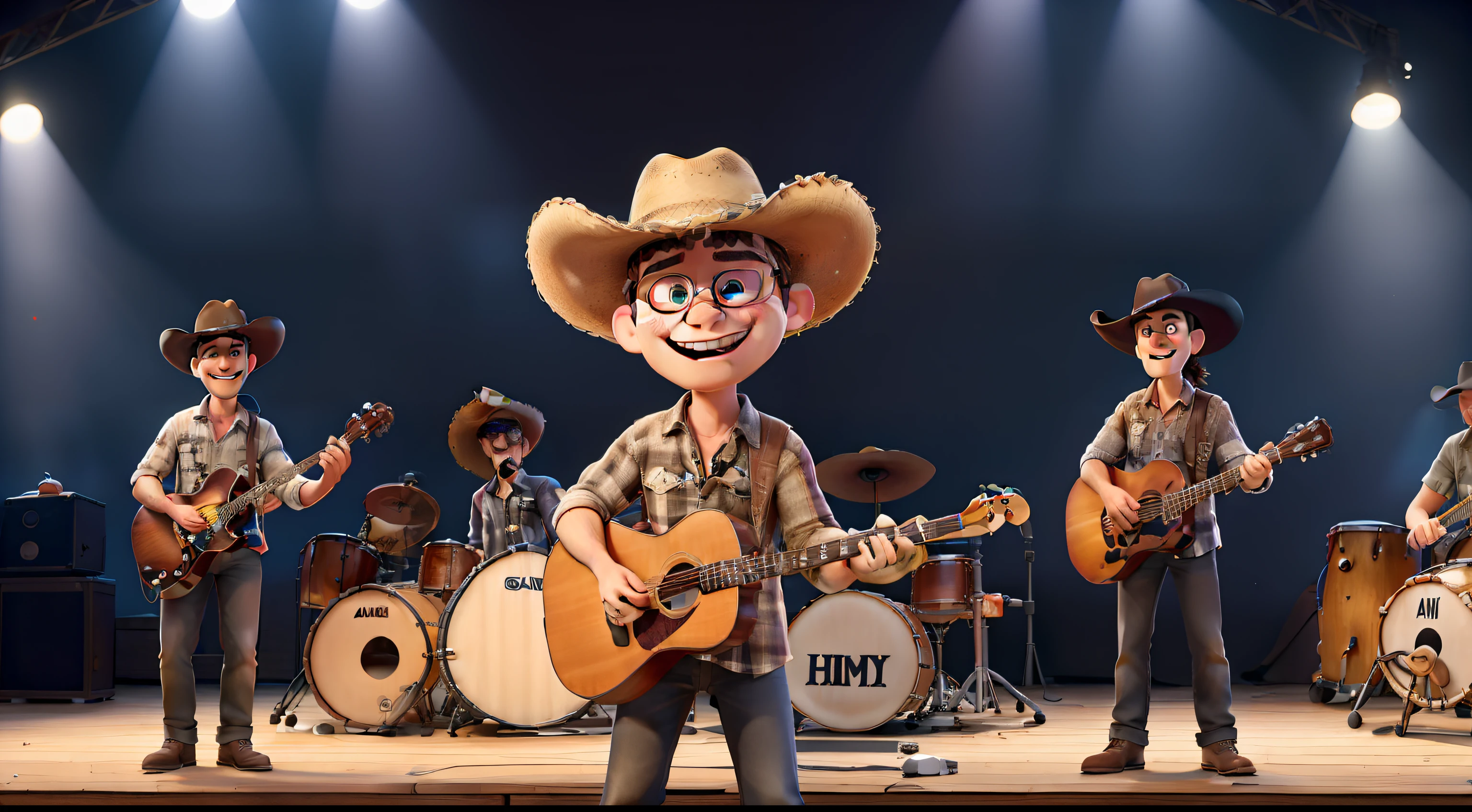 Obra-prima, de melhor qualidade, 4-piece country music band featured in a single image, em um palco como se estivessem em um show, ao centro da imagem, on an LED screen in the background the inscription Hillbilly, com fontes que remontam o velho oeste, No centro da imagem, na beira do palco, vocalista com cavanhaque, black cowboy hat, Skull print shirt with mouth in hand harmonica, ao lado esquerdo, guitarrista com camisa xadrez, Lumberjack beard and cowboy hat, do lado direito, Bassist without hat, com cabelos castanhos claros, sem barba, Sunglasses and acoustic bass, ao centro, a drum set mounted on a practicable slightly taller than the band where there is a drummer, com barba de lenhador, cowboy hat.