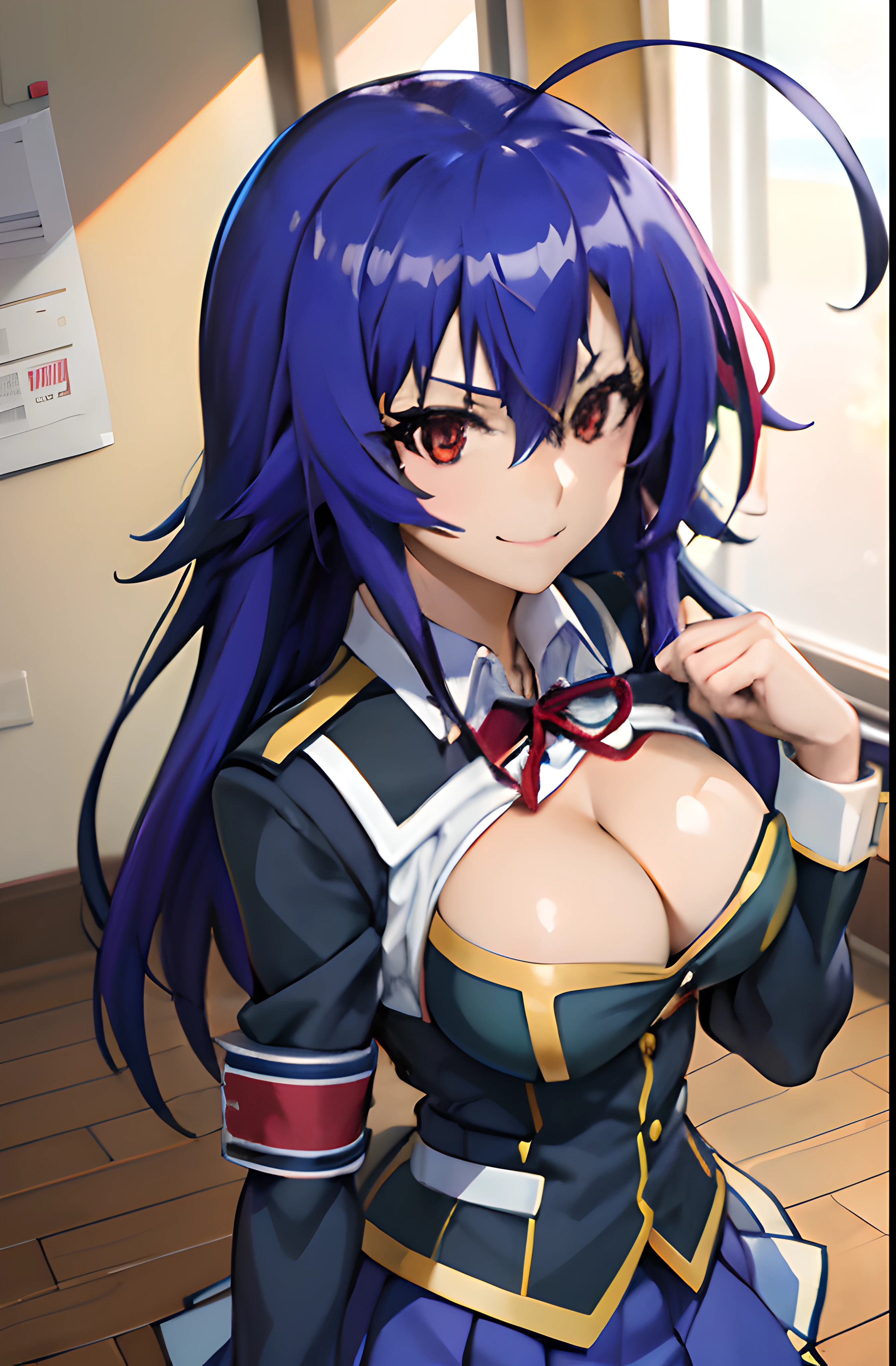 Best Quality, masutepiece, Portrait, 1girl in, Kurokami Medaka, Red Eyes, Blue hair, Long hair, Ahoge, Large breasts, School uniform, cleavage cutout, Clothes Cutout, Pleated skirt, crass room, Looking at Viewer, Smile,