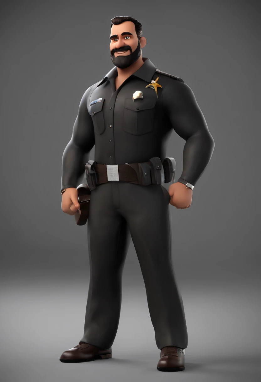 personagem de desenho animado de um homem com barba castanha e cabelo curto com topete, a black shirt wearing a badge written Kcomk productions animated character, Caractere estilizado, animation style rendering, 3D estilizado, Arnold Maya render, 3 d render stylized, toon render keyshot, Personagem 3D, Personagem 3D, 3d rendering stylized, 3 d character render, personagem de desenho animado, Personagem de close up, Pose de personagem,  (Estilo Pixar) (master part:1.2) (Bokeh) (best quality) (pele detalhada) (textura detalhada) (8k) (argila) (Cinematic lighting) (foco nítido