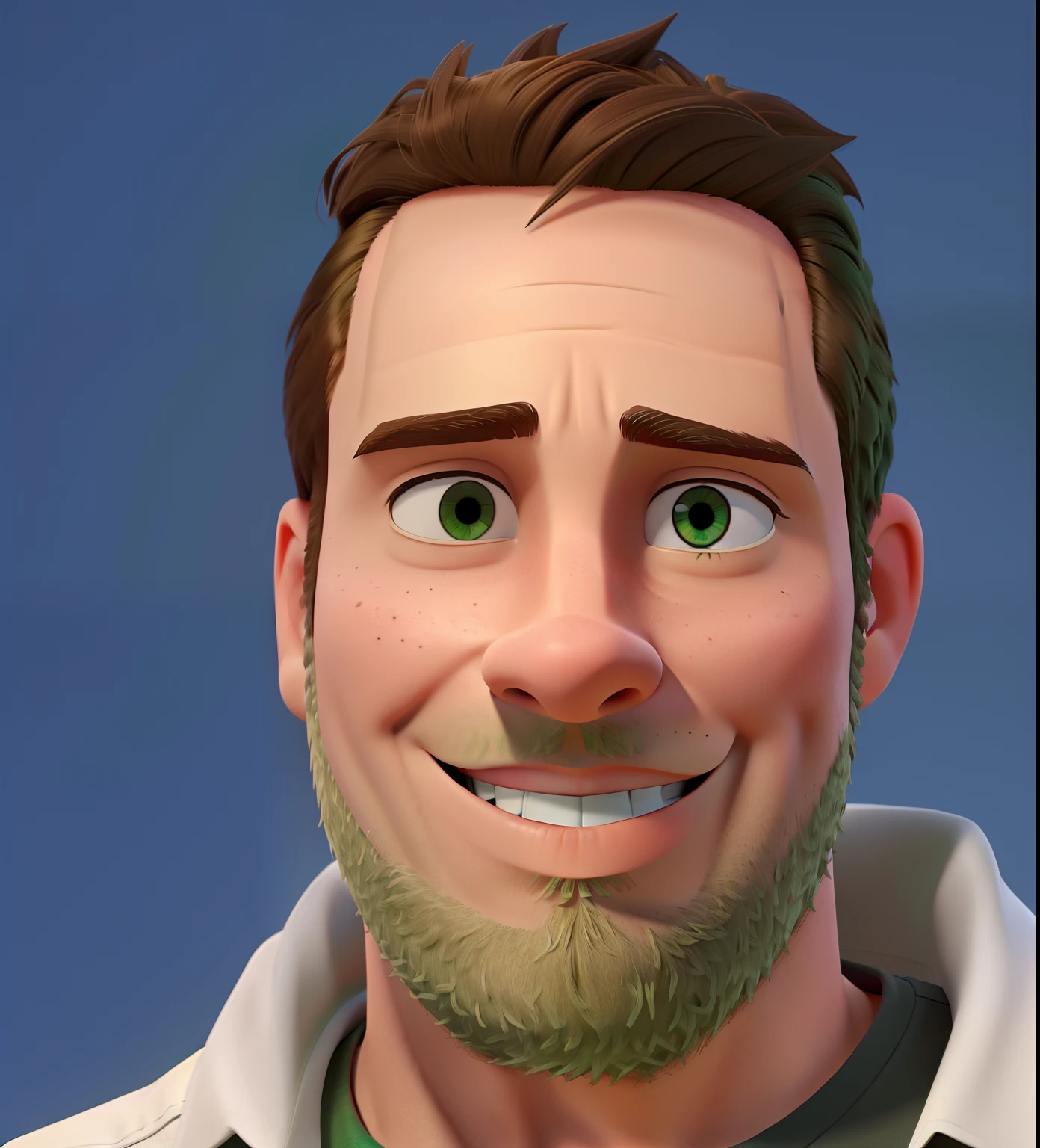 Adult Man Brown Hair Green Eyes Wears White Shirt Full Body Electronic On Shirt Writing XIS , Estilo Disney pixar, alta qualidade, melhor qualidade