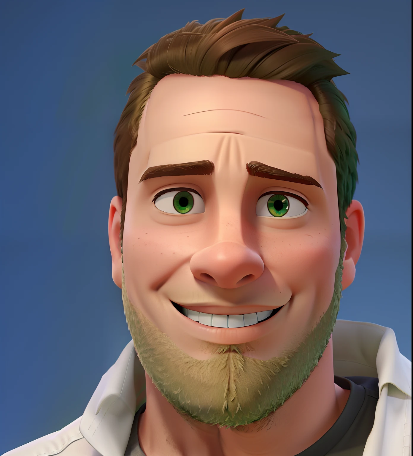 Adult Man Brown Hair Green Eyes Wears White Shirt Full Body Electronic On Shirt Writing XIS , Estilo Disney pixar, alta qualidade, melhor qualidade