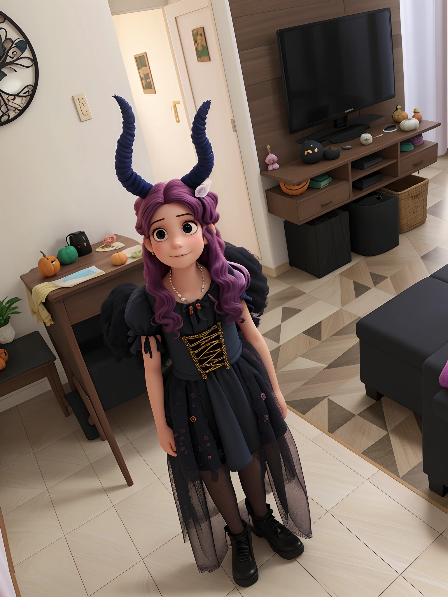 com cabelo rosa fantasiada de malevola para o Halloween