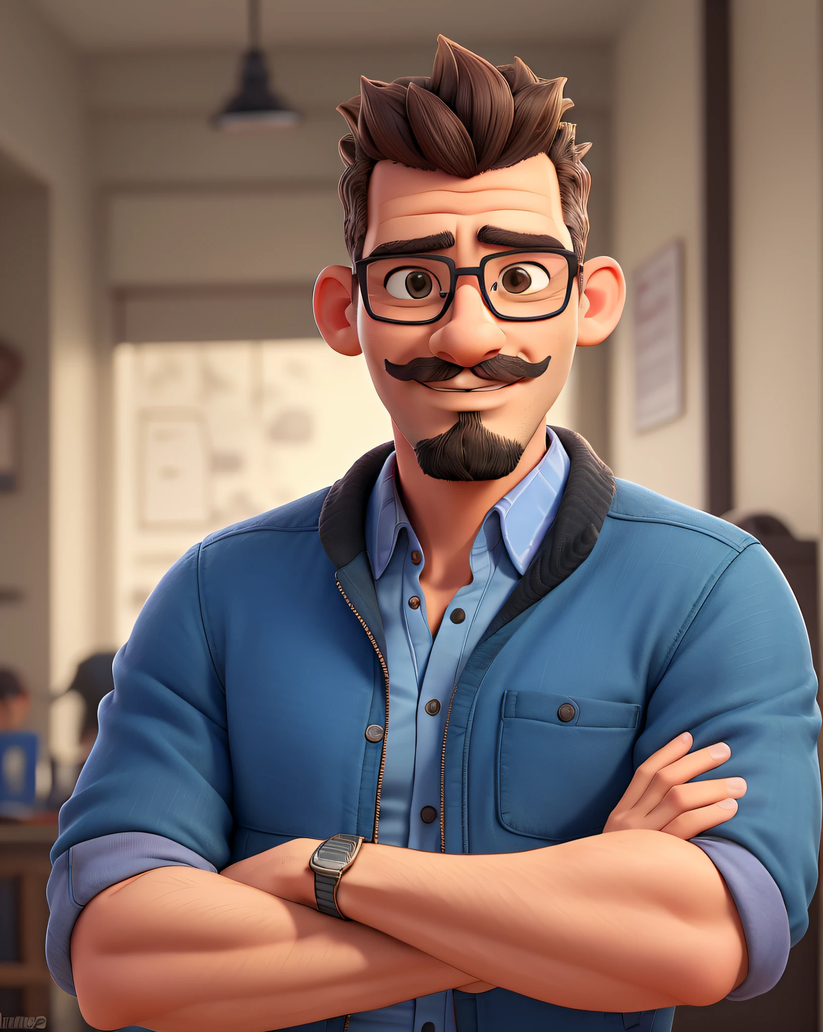 there is a man with glasses and a jacket on posing for a picture, foto de perfil headshot, foto do perfil, with glasses and goatee and moustache, and entrance on the head short hair inspired by Christopher Williams, Cartoon in blue shirt and black pants, arms crossed, olhando para frente e sorrindo com os dentes aparecendo;