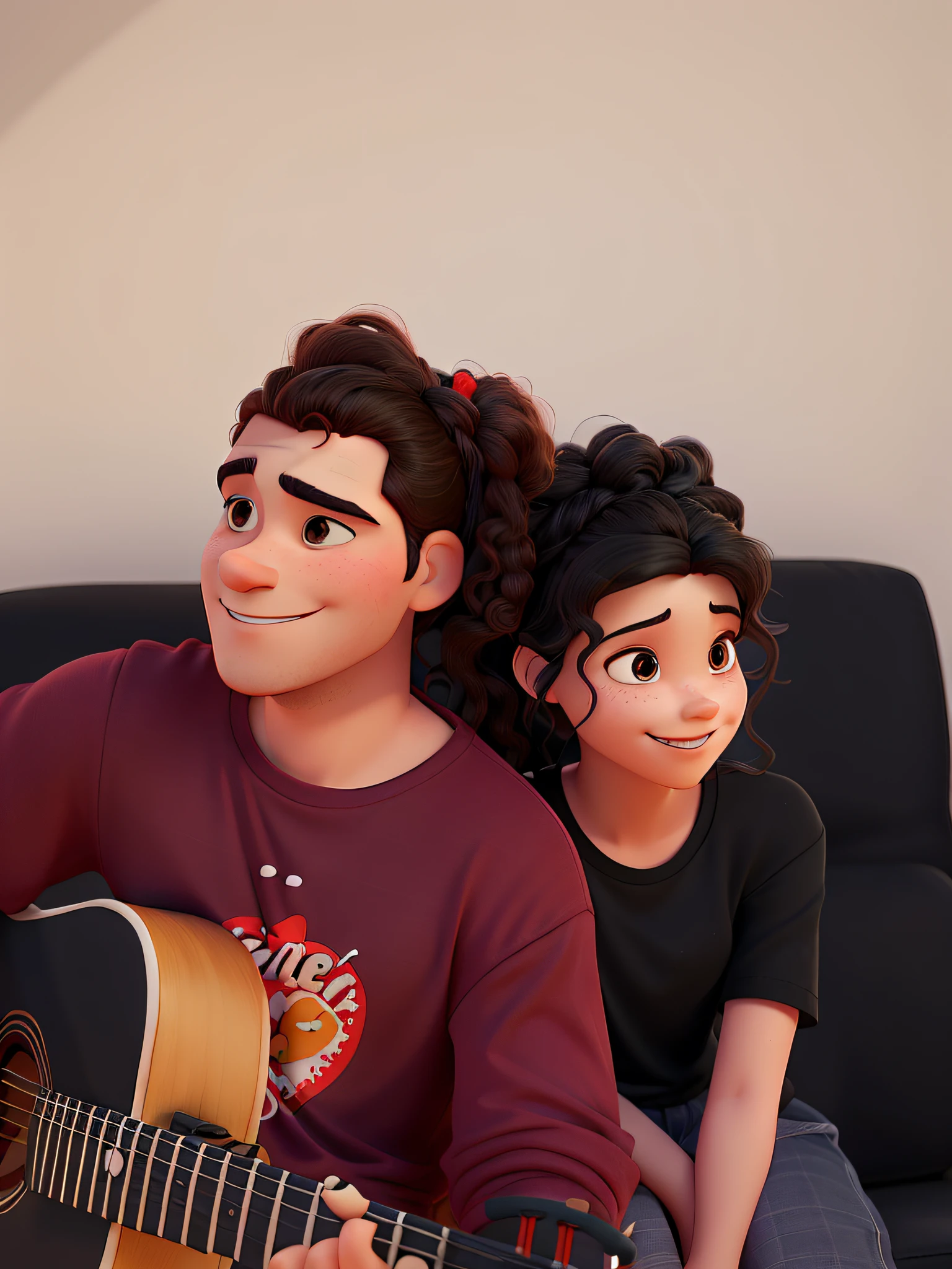 Create a couple of Disney Pixar-style characters:
the man with a acoustic guitar, he has white skin, long curly tied hair, using a red t-shirt and his lips are closed.
The woman is white with curly on top tied hair, smiling, using a basic black t-shirt.Both are sitted in a black sofa.