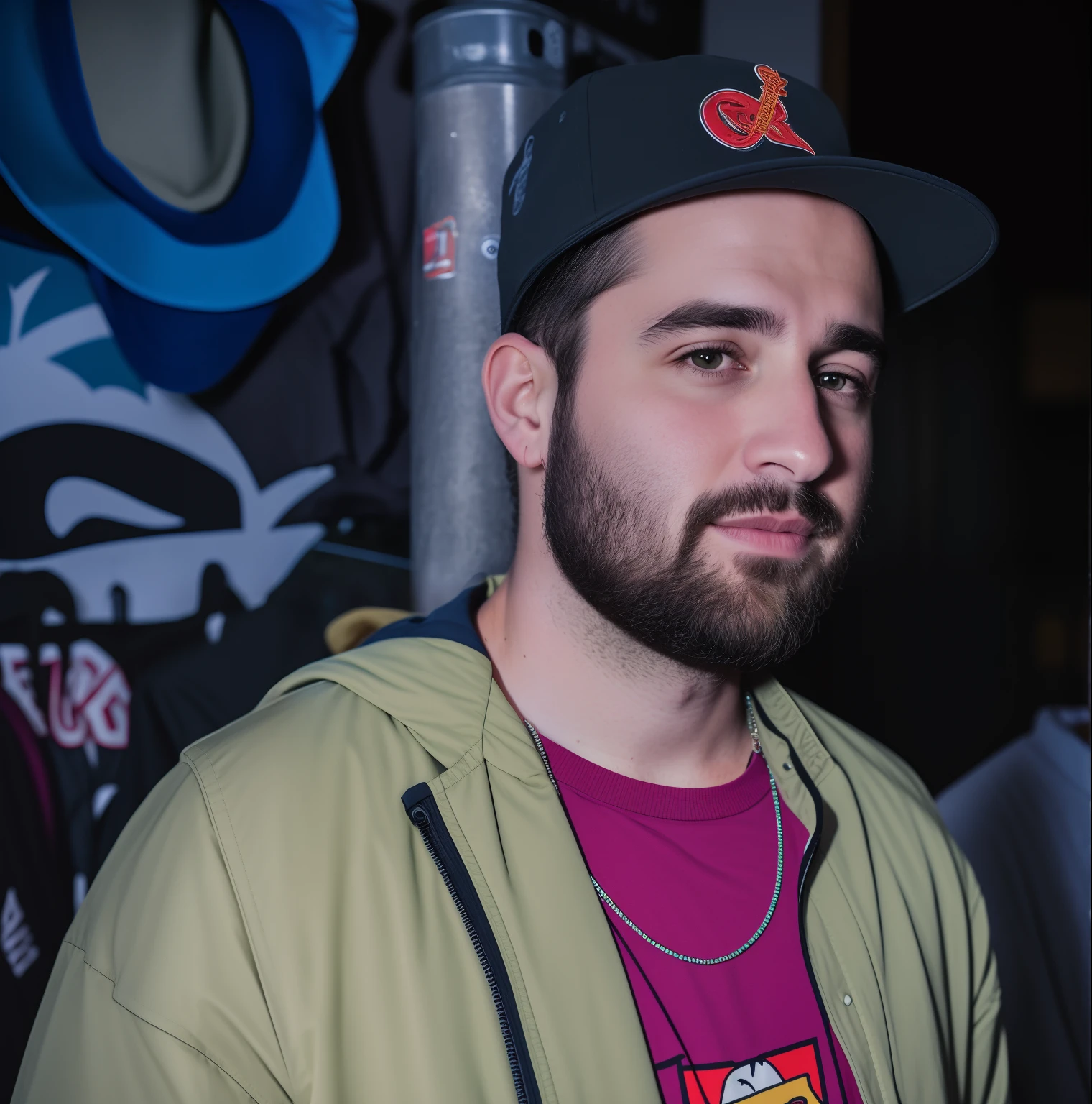 There is a man with a beard wearing a hat and jacket, Retrato no meio da foto, Mike Stoklasa, Kyle Hotz, Zachary Corzine, mid portrait, retrato de alta qualidade, Meninas Hasan, arte oficial, full protrait, Josh Preto, imagem retrato, brett goldstein, Photographed with a camera flash, Aaron Earley, artista desconhecido