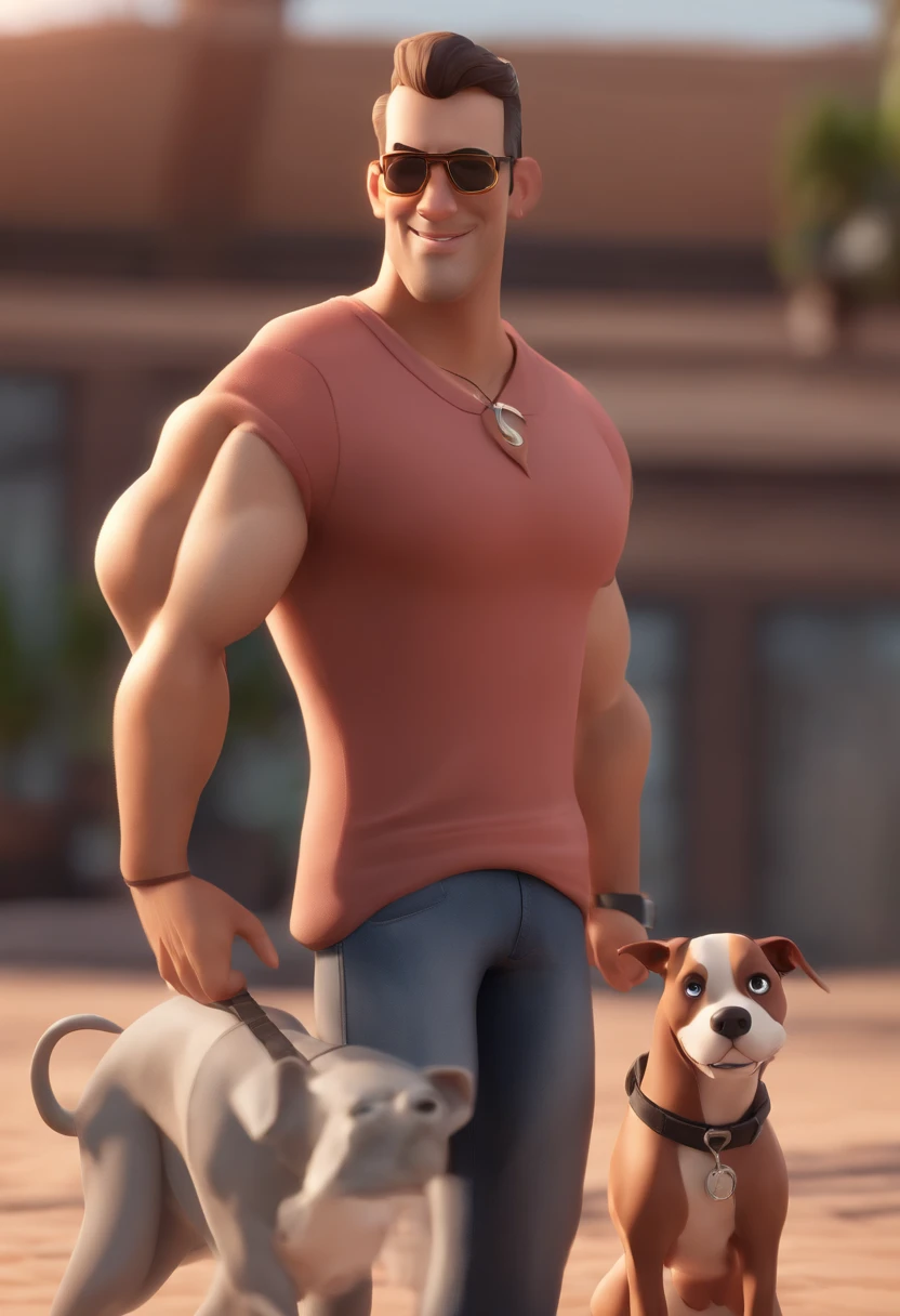 Cartoon character of a man in jeans and black V-neck shirt posing with his wife who is wearing light jeans and pink v-neck t-shirt and white sneakers, a white Pitbull bitch with green eyes and a smaller male Pitbull with a spotted color and brown eyes, um personagem animado, Caractere estilizado, animation style rendering, 3D estilizado, Arnold Maya render, 3 d render stylized, toon render keyshot, Personagem 3D, Personagem 3D, 3d rendering stylized, 3 d character render, personagem de desenho animado, Personagem de close up, Pose de personagem, (Estilo Pixar) (master part:1.2) (Bokeh) (best quality) (pele detalhada) (textura detalhada) (8k) (argila) (Cinematic lighting) (foco nítido，Senta e vaza a parte superior do corpo