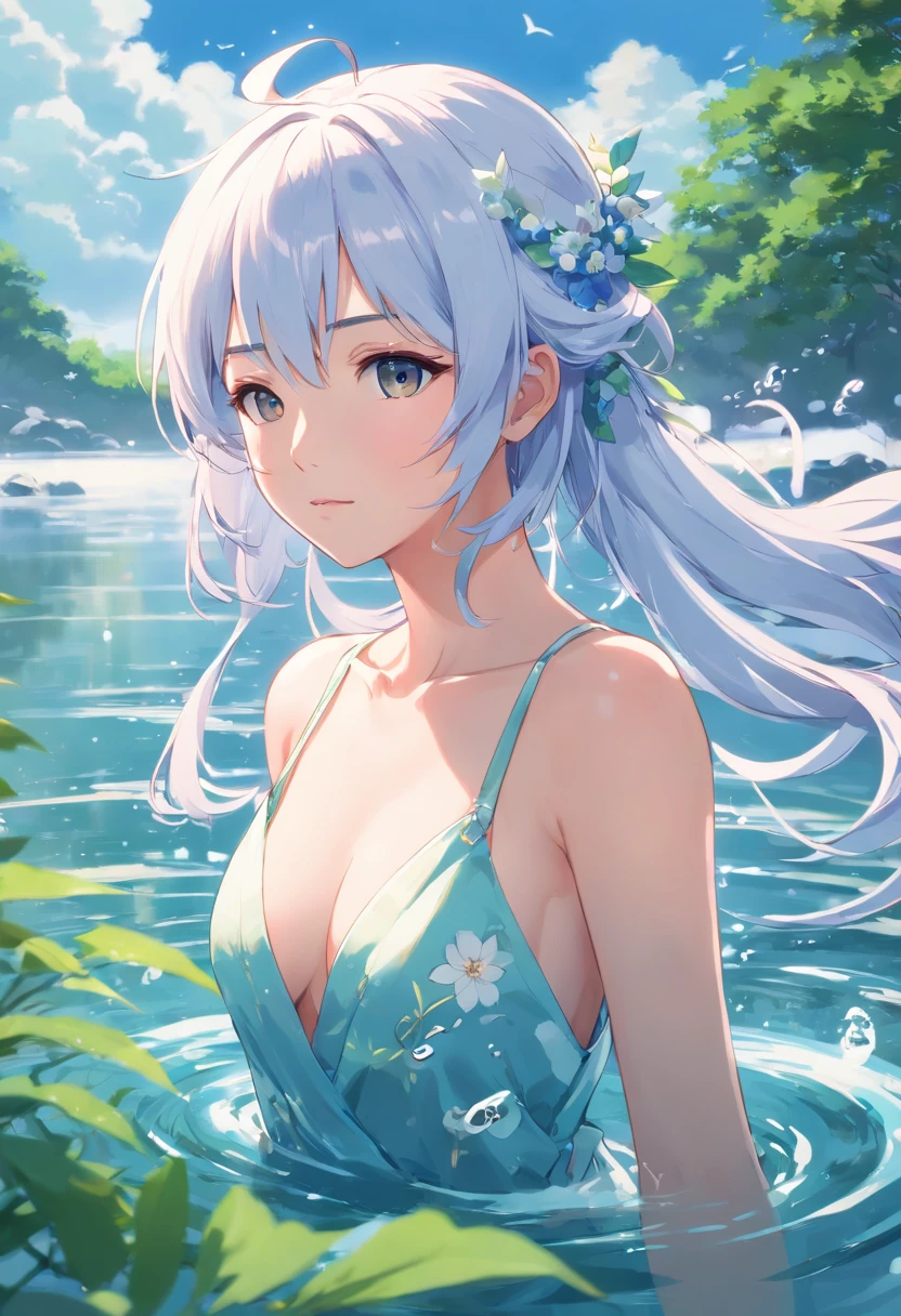 ((Masterpiece,Best quality)),(1girll, Solo:1.4),美丽细致的眼睛,floated hair,white backgrounid,Water made up of girls,Gorgeous Chinese costumes,clean backdrop,National tide wind,clouds,Water Technique,1girll,florals,An oriental dragon composed of water,Works of masters,HighestQuali,high detal,8K , white hair , closing her eyes