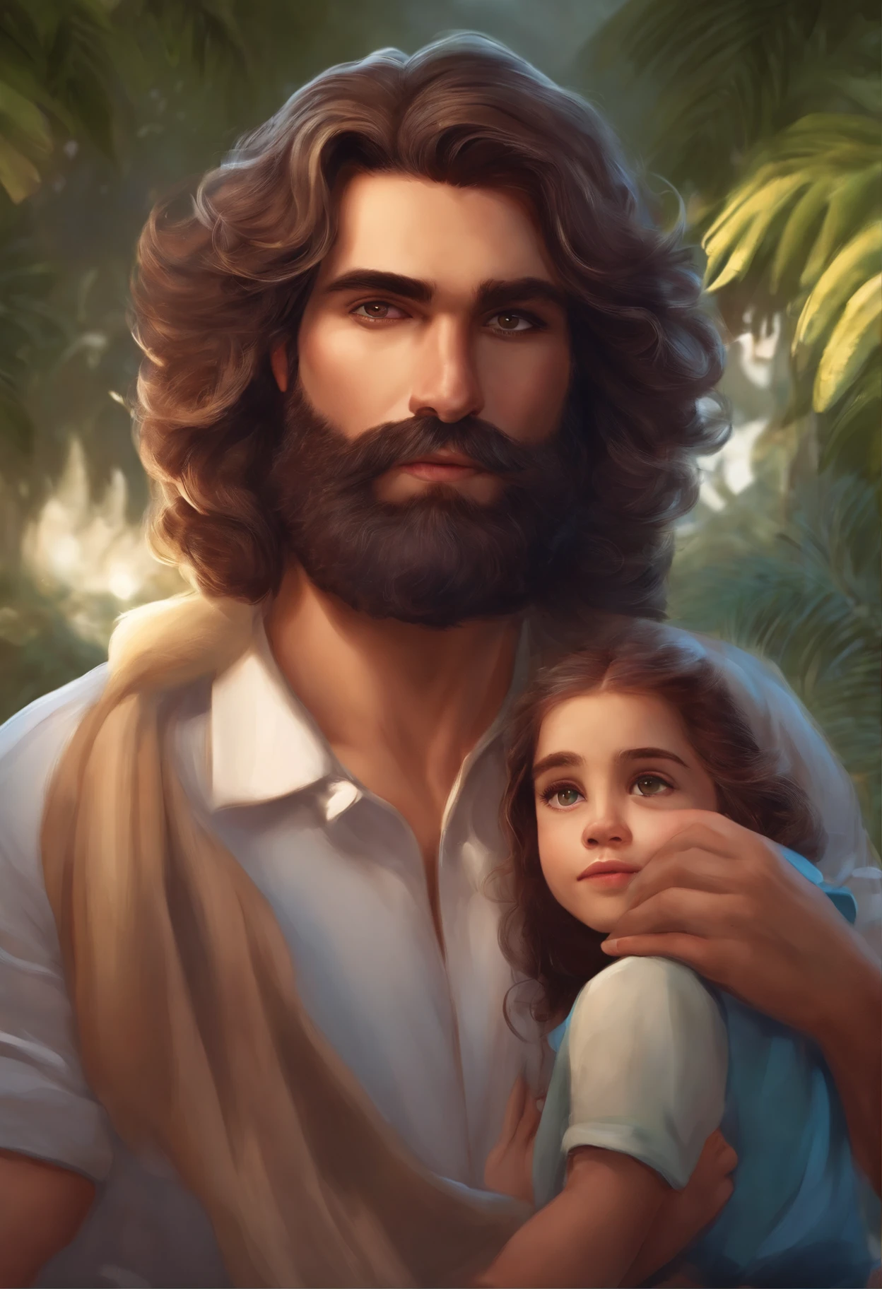 Personagem de desenho animado homem alto com olhos cabelos e barba castanho, usando camisa social branca e bermudasegurando sua filha no colo com 2 anos de idade