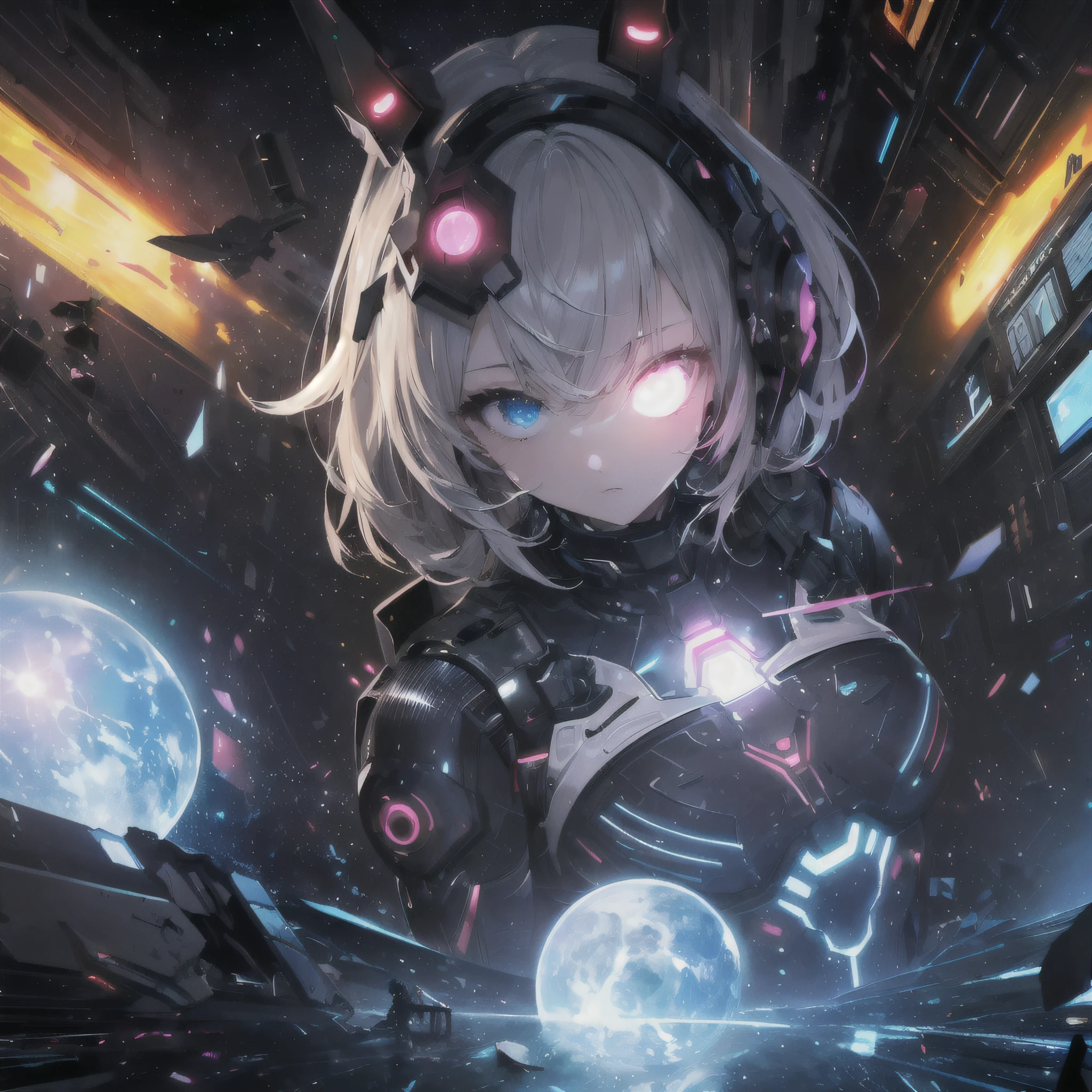 (masterpiece、top-quality、top-quality、Official art、ighly detailed、Beautifully Aesthetic:1.2)、(1girl in),cosmic space、cyberpunked、Future Space Combat Suits、((nebulas))、Delicate Light、Intuitive、Precise focus、cinema4d、Dramatic、