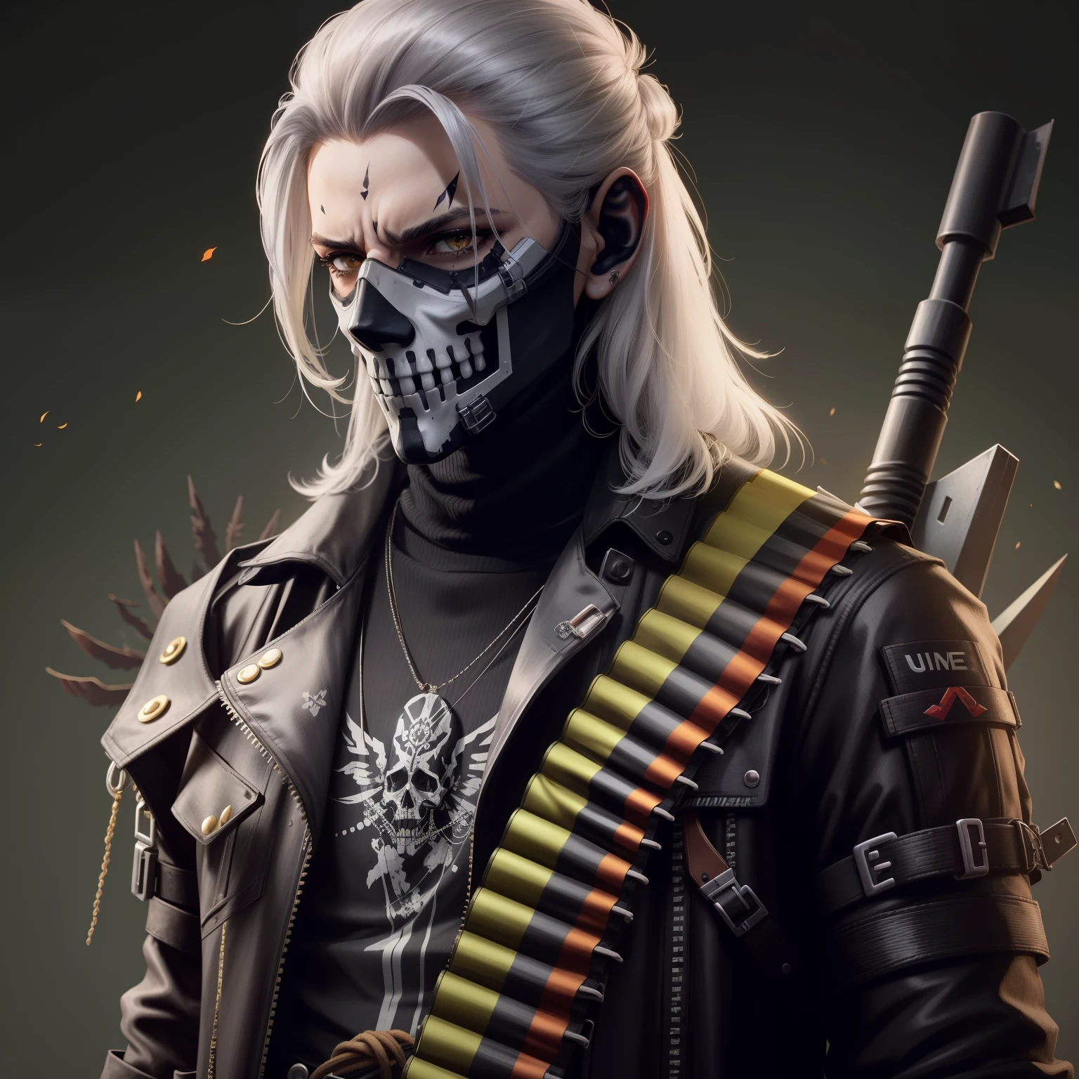 Un primer plano de una persona con una pistola y una calavera en la cara, Irreal 5. Retrato RPG, Grim Reaper punk, Esqueleto cyberpunk, renderizado de videojuegos, high detail iconic character, Arte de personajes de Unreal Engine, octano. tendencias en Artstation, Aspecto rudo, Personaje de videojuegos, tendencias en Artstation.', Foto de perfil, El Segador como un miedo, Personaje de videojuego