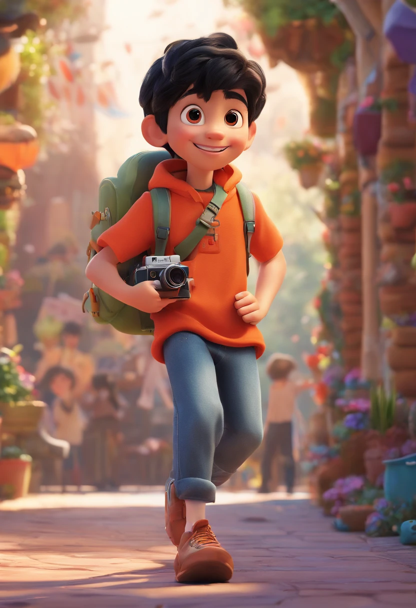 disney pixar 3d character of a fair-skinned boy with a black cap and black hair holding a sony fx30 film camera, (best quality, ultra-detailed, realistic:1.37), vibrant colors, studio lighting, [3d rendering], [captivating expression], [playful pose], [outdoor environment], [attention to facial details], [lively background], [impressive artwork], [expressive eyes], [youthful energy], [detailed outfit], [distinctive black hair], [focus on camera], [playful atmosphere], [vivid colors], [dynamic composition], [attention to lighting and shadows], [engaging narrative], [creative exploration], [fantasy-inspired], [whimsical touch], [inspiration from Disney Pixar aesthetics], [magic in the air], [exciting adventure], [enthusiastic expression], [dynamic perspective], [joyful spirit], [captivating storytelling], [impressive detail in surrounding objects], [attention to textures and materials], [charming atmosphere], [captivating character design], [emphasis on facial features], [professional quality], [artistic finesse], [attention to depth and dimension], [playful interaction with the camera], [immersive experience], [expressive gestures], [energetic movement].