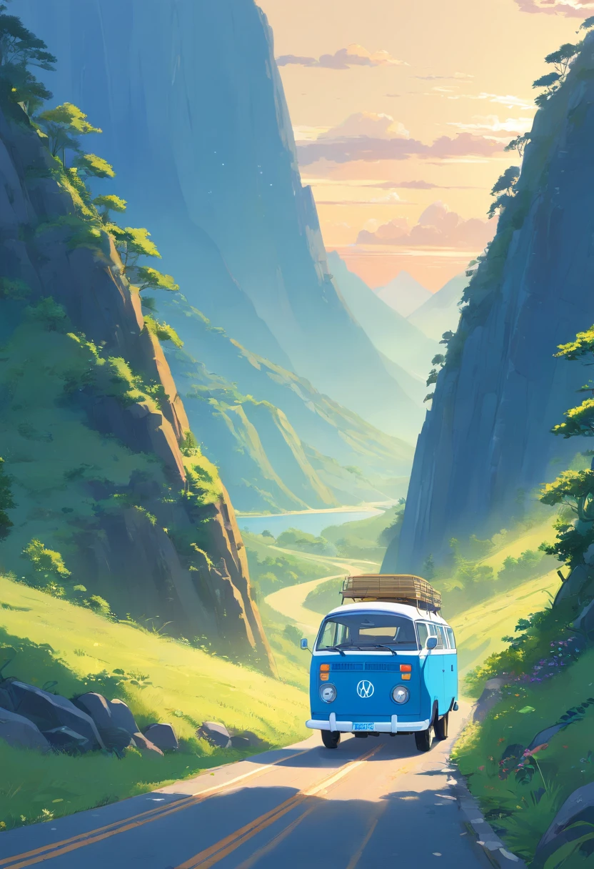 "A masterpiece illustration of blue Kombi on a mountain road, with perfect proportions, in high definition."