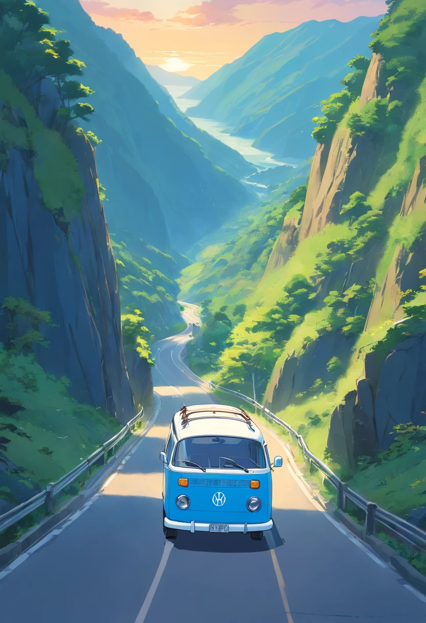 "A masterpiece illustration of blue Kombi on a mountain road, with perfect proportions, in high definition."