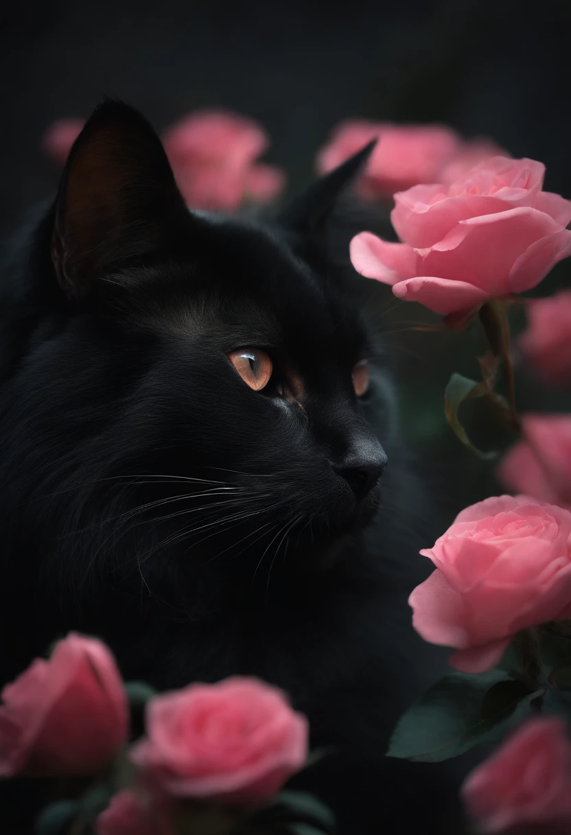 (best illustration, master part) high resolution, Close-up, pele macia,, [(orelhas de gato, black fur, rosa por dentro:1.2), (beijar, Romantic, intimate):1.3]