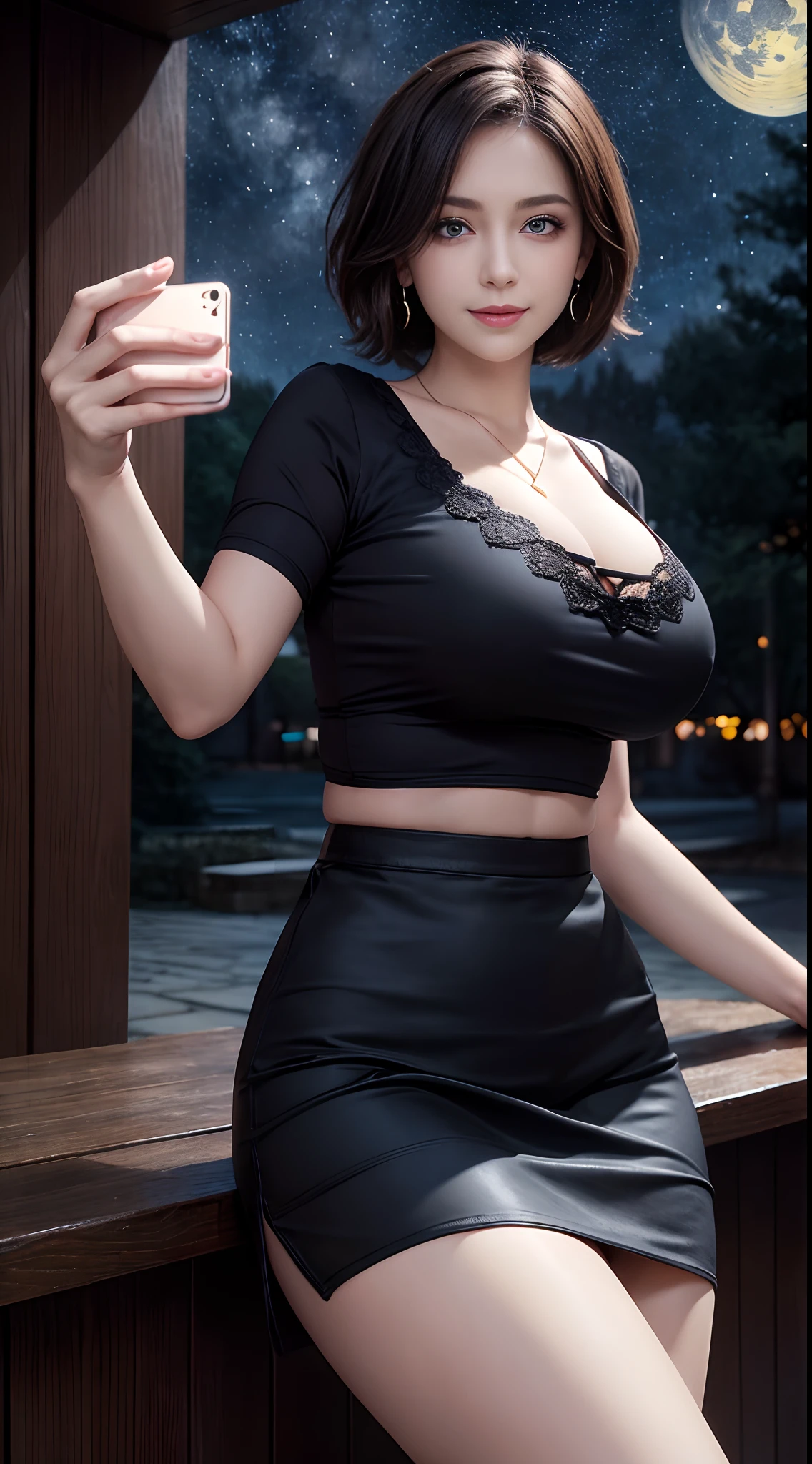 Ultra detailed, beautiful, masterpiece, best quality, detailed beautiful round eyes, beautifully detailed face, medium short hair, random hairstyles, random hair colour, blue eyes colour, long eyelashes, mascara, eyeliner, (massive breasts:1.3, cleavage, thick boobs, thick waist), young woman, (tight shirt, tight skirt), earrings, necklace, perfect face, perfect body, (smile), random pose, random places, nature outdoor,(background starry night sky), moonlight, (solo, selfie)