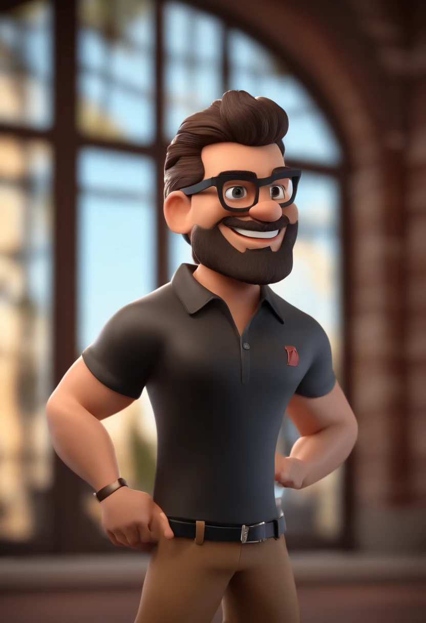 Cartoon character of a man with black glasses and a black polo shirt, cabelo liso, With beard and old school tattoo on his arm, SORRIDENTE E BONITO, animation character, Caractere estilizado, animation style rendering, 3D estilizado, Arnold Maya render, 3 d render stylized, toon render keyshot, Personagem 3D, Personagem 3D, 3d rendering stylized, 3 d character render, personagem de desenho animado, Personagem de close up, Pose de personagem,  (Estilo Pixar) (master part:1.2) (Bokeh) (best quality) (pele detalhada) (textura detalhada) (8k) (argila) (Cinematic lighting) (foco nítido