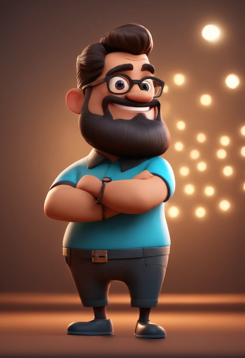 Cartoon character of a man with black glasses and a black polo shirt, cabelo liso, With beard and old school tattoo on his arm, SORRIDENTE E BONITO, animation character, Caractere estilizado, animation style rendering, 3D estilizado, Arnold Maya render, 3 d render stylized, toon render keyshot, Personagem 3D, Personagem 3D, 3d rendering stylized, 3 d character render, personagem de desenho animado, Personagem de close up, Pose de personagem, (Estilo Pixar) (master part:1.2) (Bokeh) (best quality) (pele detalhada) (textura detalhada) (8k) (argila) (Cinematic lighting) (foco nítido