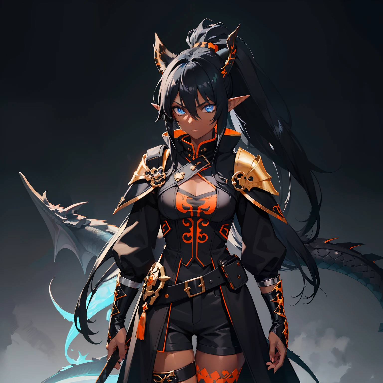 1girl , (((Dark Skin)))), Black Hair with Ponytail, (((Blue Eyes))), ((Black Metallic Gauntlets and Greaves with Orange and Silver Highlights)), (((The Clothes Have a Mix of Modern and Tribal))), (((The Clothes Have a Mix of Modern and Tribal))),  having mostly the color black, but having parts in orange, shoulders exposed, at the hip a shorts that extend to half of the thigh of black color. ((Black Overcoat with a orange inner part)) absurd res, best res, high res, best face, best eyes, (((Dragon Tail))), ((Elf Ears))