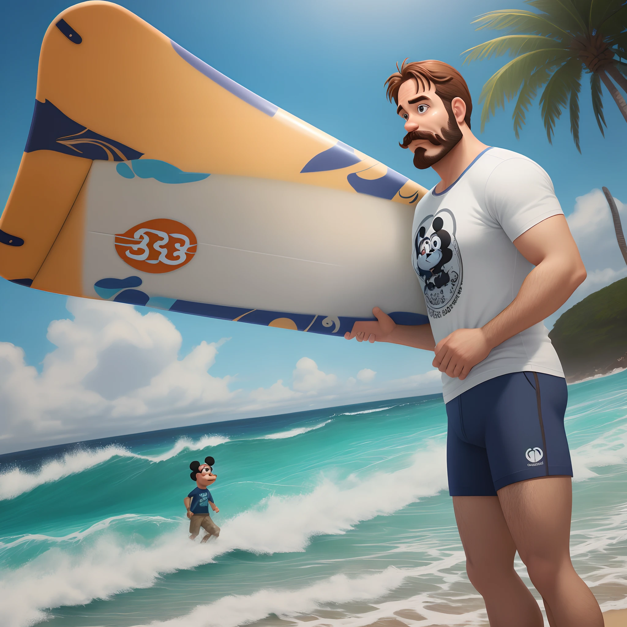 criar imagem estilo disney pixar de homem branco de 38 anos, com 1,74 de altura, cabelo castanho claro, com bigode, sem barba, gordo, vestindo uma camiseta e uma bermuda de surf na praia
