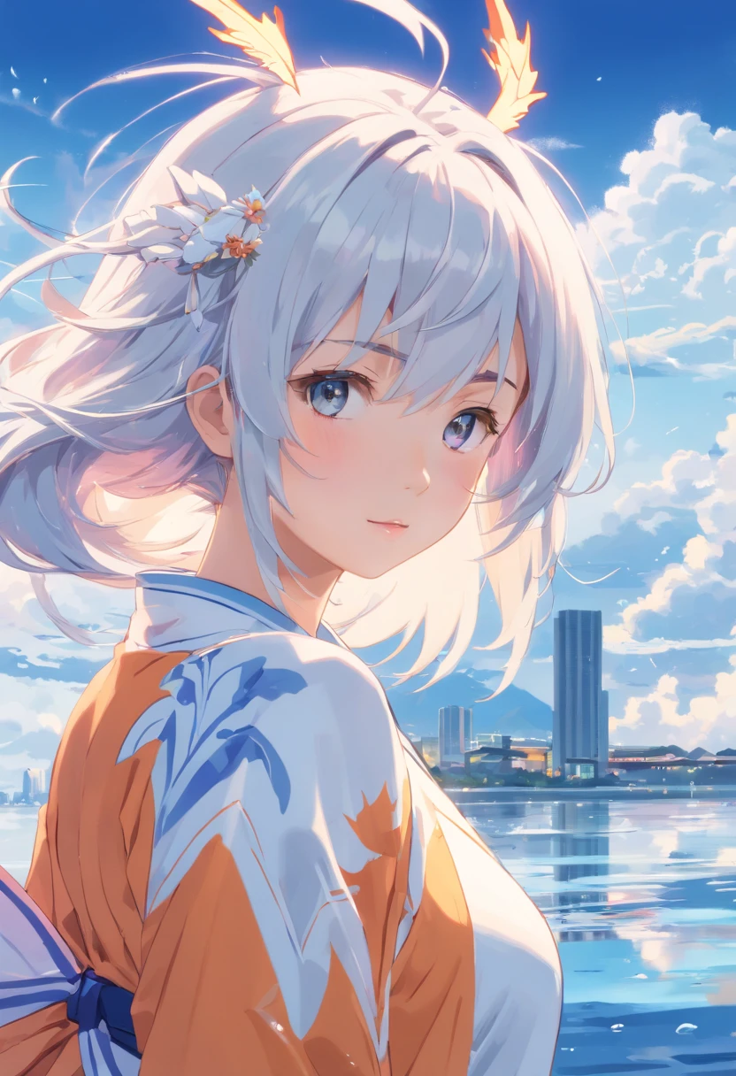 ((Masterpiece,Best quality)),(1girll, Solo:1.4),美丽细致的眼睛,closed eyes , floated hair,white backgrounid,Water made up of girls,Gorgeous Chinese costumes,clean backdrop,National tide wind,clouds,Water Technique,1girll,florals,An oriental dragon composed of water,Works of masters,HighestQuali,high detal,8K , white hair ,