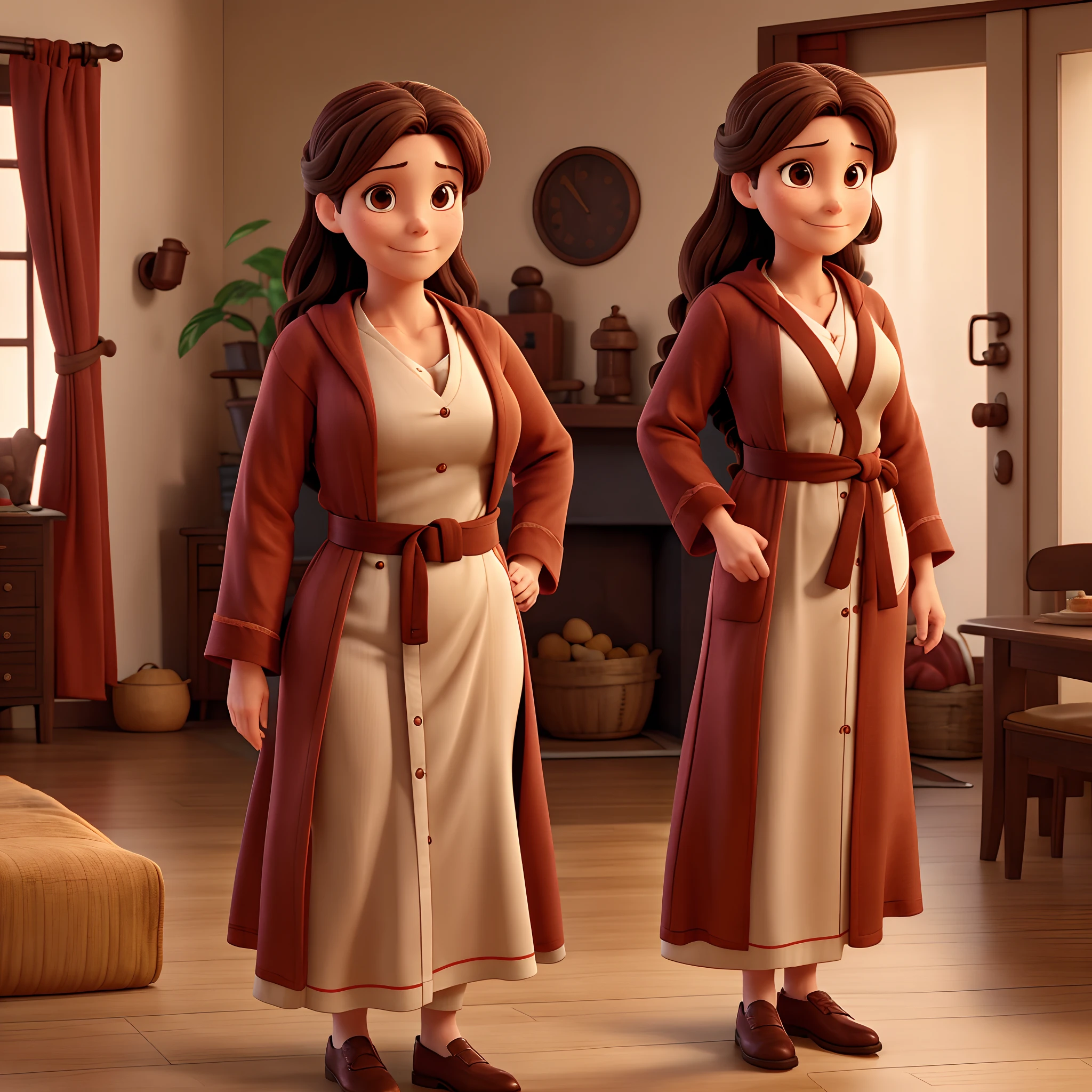 40-year-old woman dressed as a housewife in a long red robe tied with a brown belt and with dark brown hair