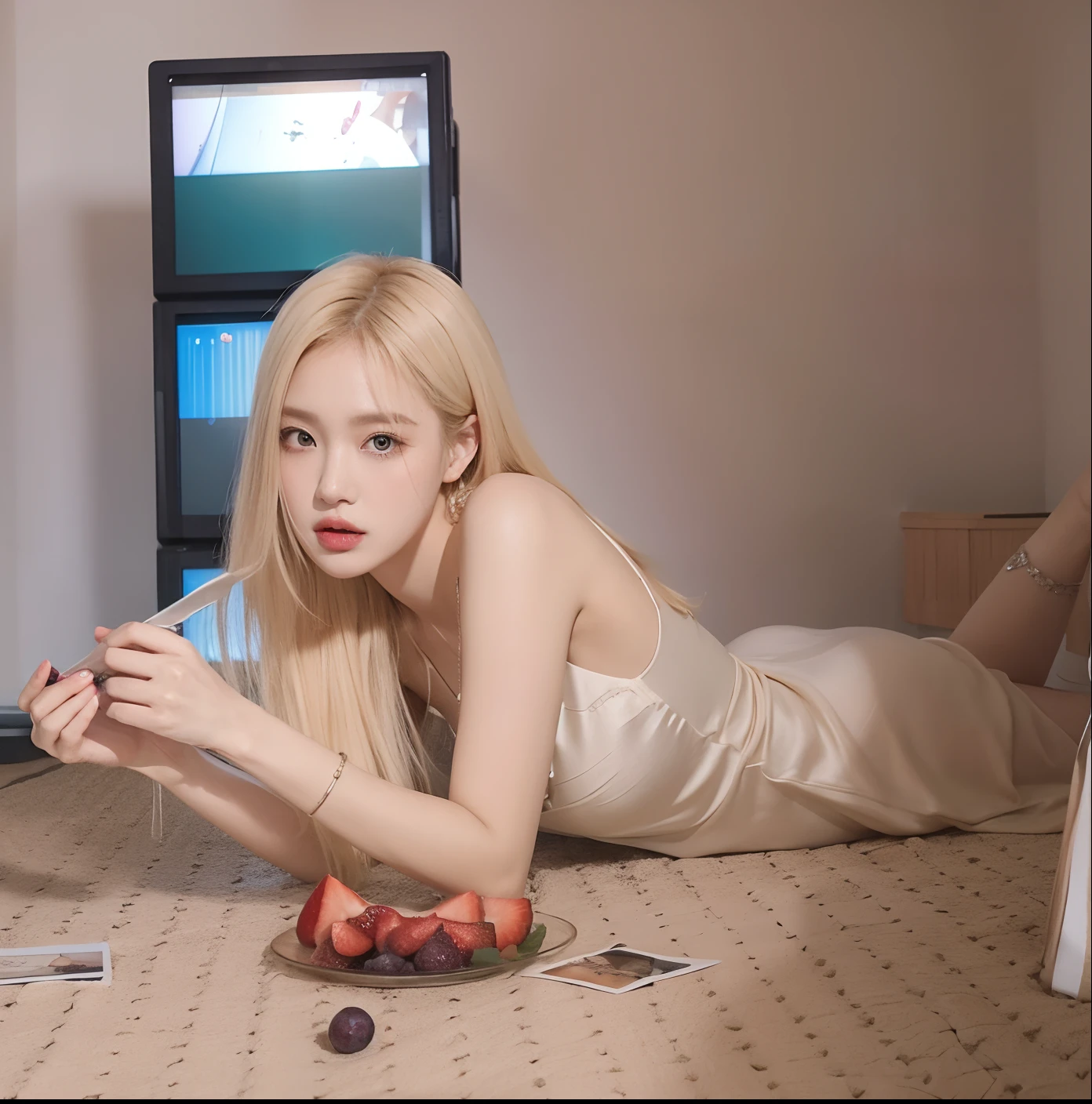 Blonde woman lying on the floor with a plate of fruit, Sha Xi, Parque Roseanne do Blackpink, jia, Jaeyeon Nam, TaeJune Kim, Gongbi, Shen Mingchen, Arte Promocional, Steven Jung, gemma chen, ava max, crawling towards the camera, Petra Collins, Foto promocional, No estilo de Petra Collins, promo ainda, Yanjun Chengt