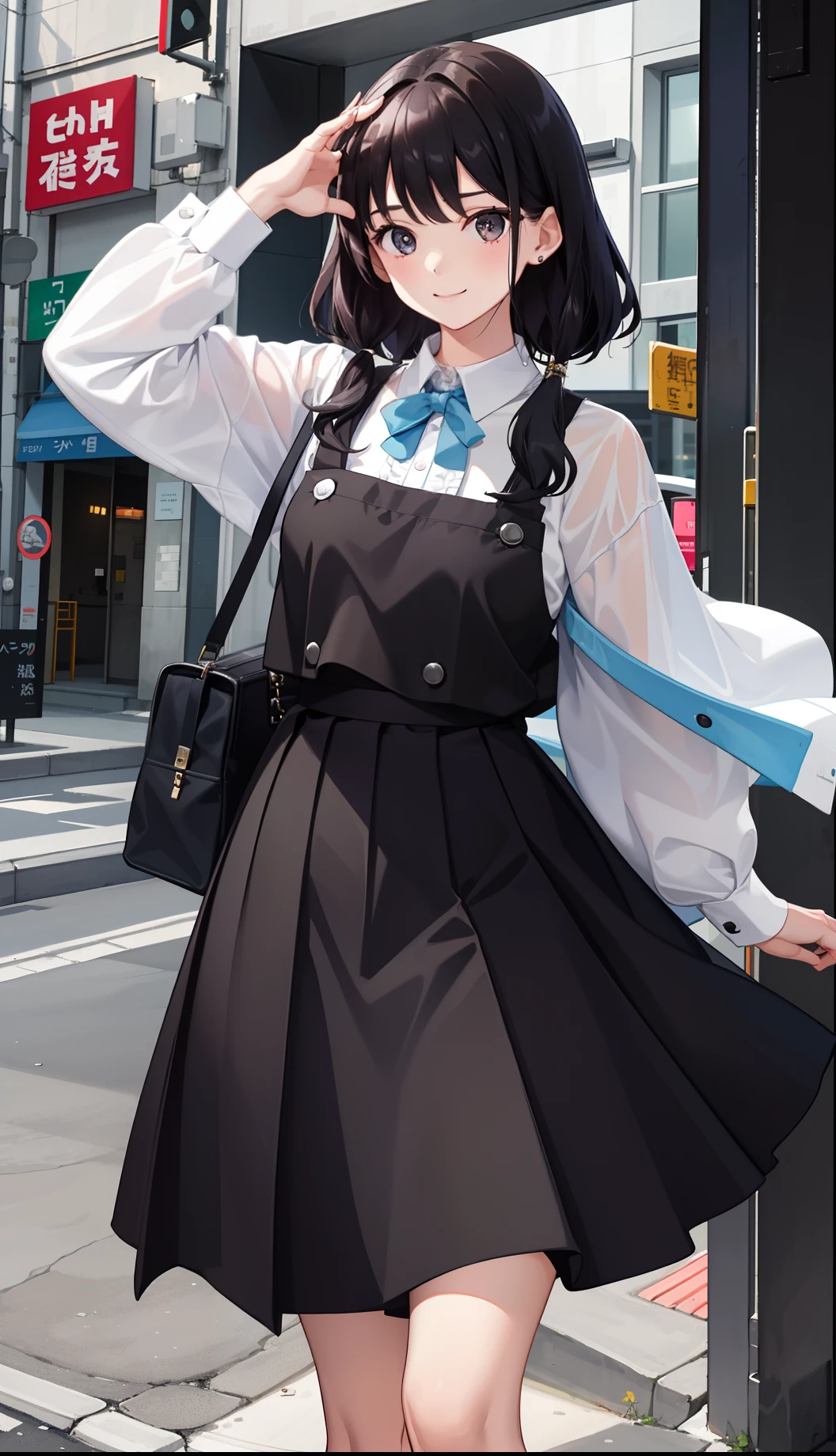 1girl in、A smile、The shirt、Blouse、（paler）skirt by the、（small tits）Chilarism、movement、