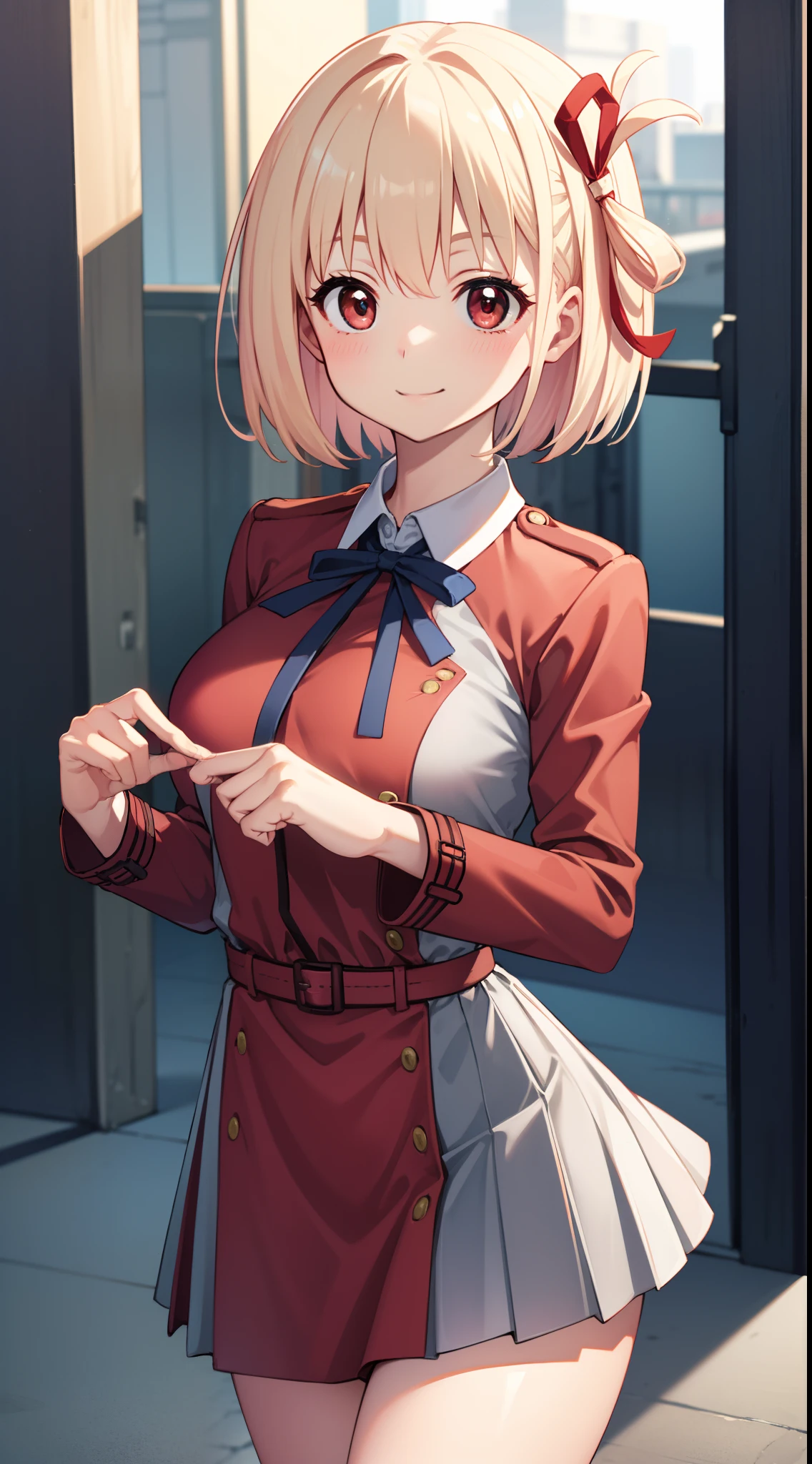 ((Large breasts, wide hips)), ((blushing, smiling)), Thousands of miles of brocade, Chisato Nishiki, Short hair, bangs, Blonde hair, (Red eyes:1.5), Hair ribbon, one side up, Bob cut,
BREAK shirt, Long sleeves, dress, ribbon, White shirt, Collared shirt, belt, Neck ribbon, Red dress, Blue ribbon, Pleated dress, grey dress, Two-tone dresses, Red belt, Lycoris Uniform,,
BREAK outdoors, City,
BREAK looking at viewer, Break (Masterpiece:1.2), Best quality, high resolution, Unity 8k wallpaper, (illustration:0.8), (Beautiful detailed eyes:1.6), Extremely detailed face, Perfect lighting, Extremely detailed CG, (Perfect hands, Perfect anatomy),