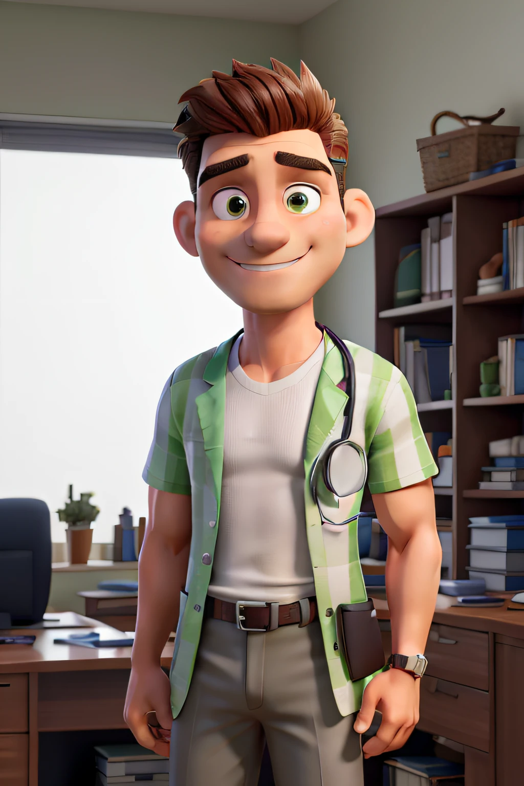 Muscular male doctor, camisa branca, olhos verdes, cabelos castanhos, cabelos cacheados, stethoscope, Clean office with pictures and diploma