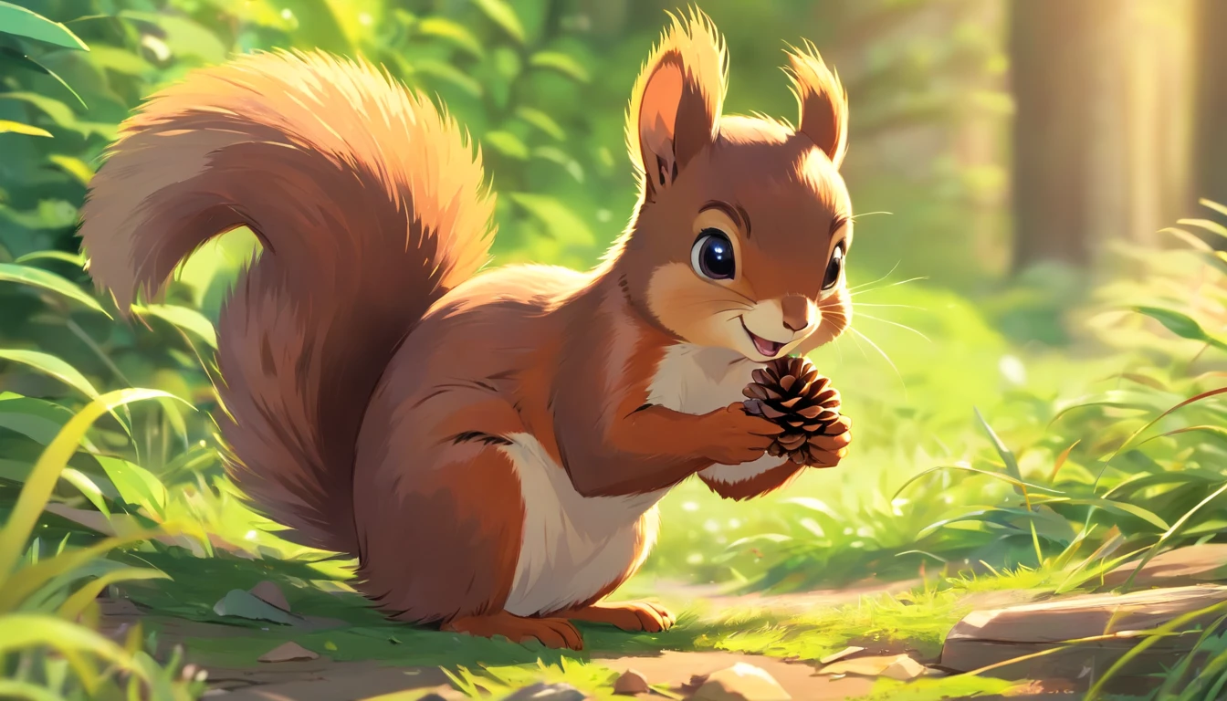 A small squirrel taken home with a pine cone with a cheerful expression,