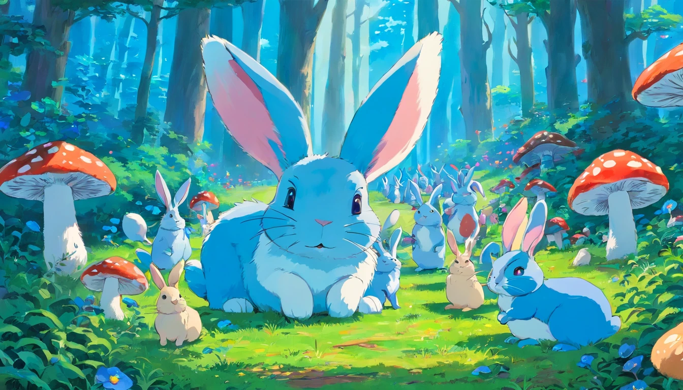 Bunnies and blue mushrooms