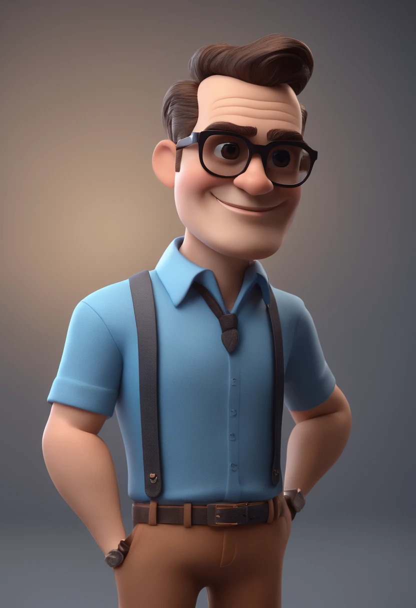 Cartoon character of a man with black glasses and a blue shirt, animation character, Caractere estilizado, animation style rendering, 3D estilizado, Arnold Maya render, 3 d render stylized, toon render keyshot, Personagem 3D, Personagem 3D, 3d rendering stylized, 3 d character render, personagem de desenho animado, Personagem de close up, Pose de personagem,  (Estilo Pixar) (master part:1.2) (Bokeh) (best quality) (pele detalhada) (textura detalhada) (8k) (argila) (Cinematic lighting) (foco nítido