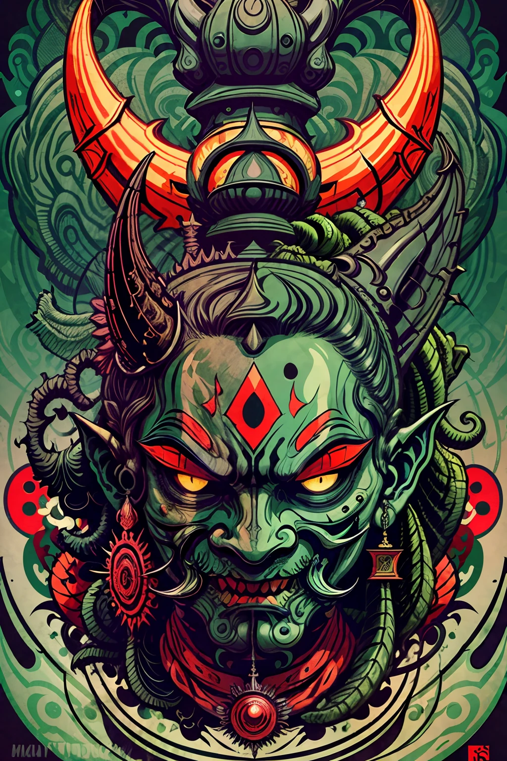 Portrait green mask, illustrator, vector illustration, masterpiece, high quality, 8k, high resolution, high detail, Hinduism, mahakali , (panru: 1.2), horror, evil, close-up, facing the audience, Hinduism pattern background, green demon