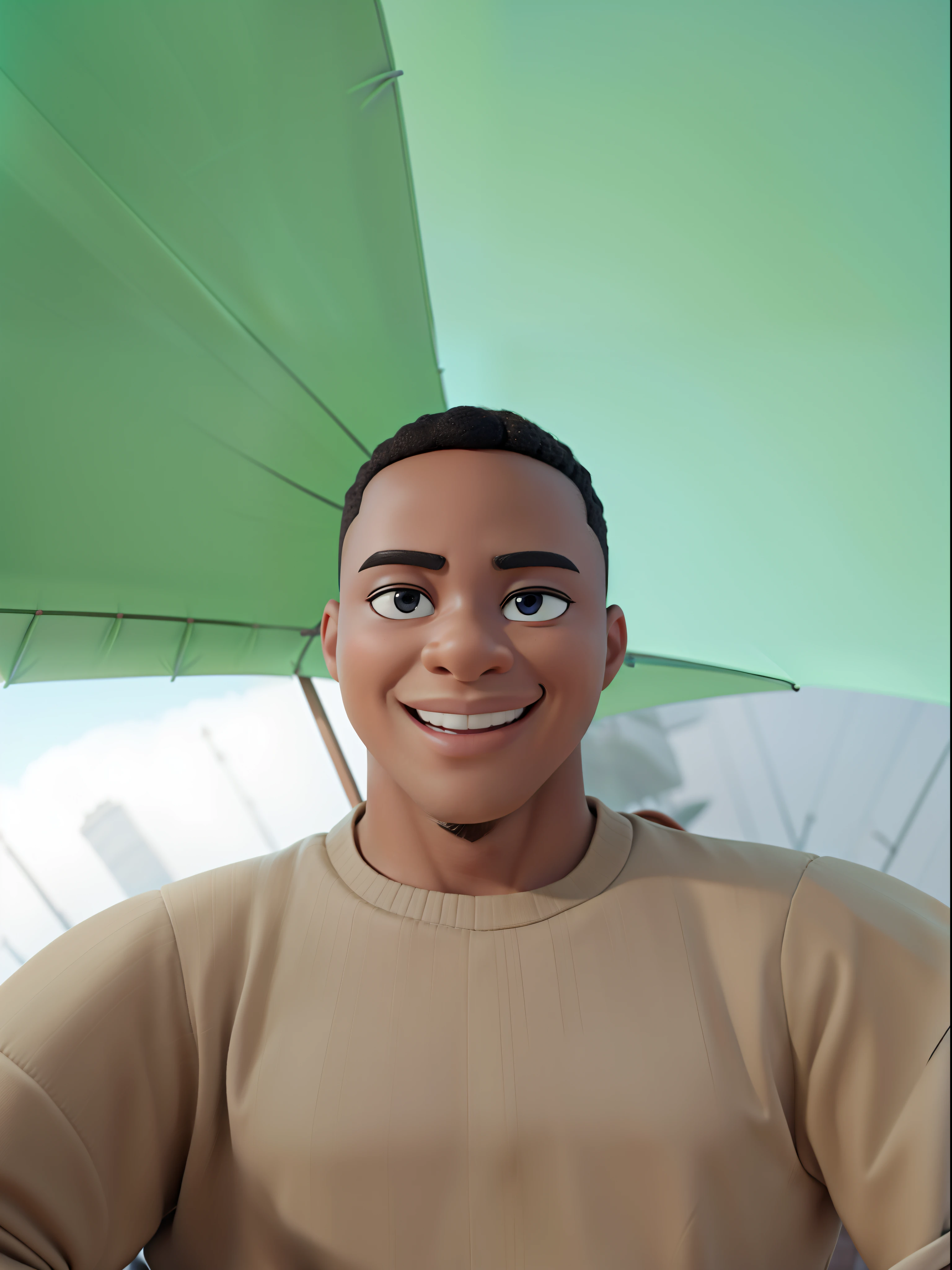 3D cartoon character holding a small umbrella, on a city street, black boy, (detailed facial affections)(((baby))), movie art, clean shot, ghailan!, like a pixar character, handsome young man, afro, grace and blessing, (((cute smile))), rendered in unreal, movie promo image, rendered image