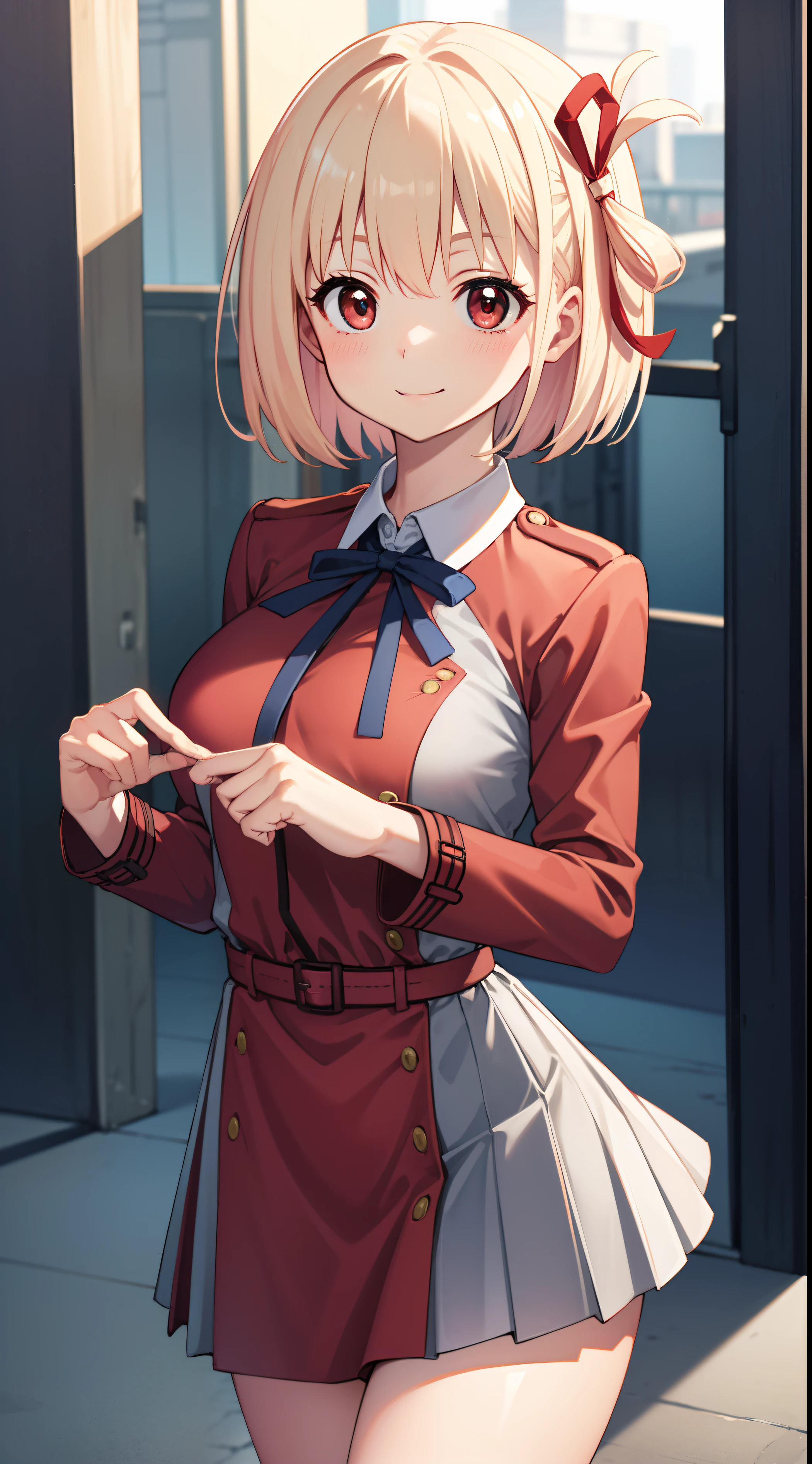 ((Large breasts, wide hips)), ((blushing, smiling)), Thousands of miles of brocade, Chisato Nishiki, Short hair, bangs, Blonde hair, (Red eyes:1.5), Hair ribbon, one side up, Bob cut,
BREAK  shirt, Long sleeves, dress, ribbon, White shirt, Collared shirt, belt, Neck ribbon, Red dress, Blue ribbon, Pleated dress, grey dress, Two-tone dresses, Red belt, Lycoris Uniform,,
BREAK outdoors, City,
BREAK looking at viewer, Break (Masterpiece:1.2), Best quality, high resolution, Unity 8k wallpaper, (illustration:0.8), (Beautiful detailed eyes:1.6), Extremely detailed face, Perfect lighting, Extremely detailed CG, (Perfect hands, Perfect anatomy),