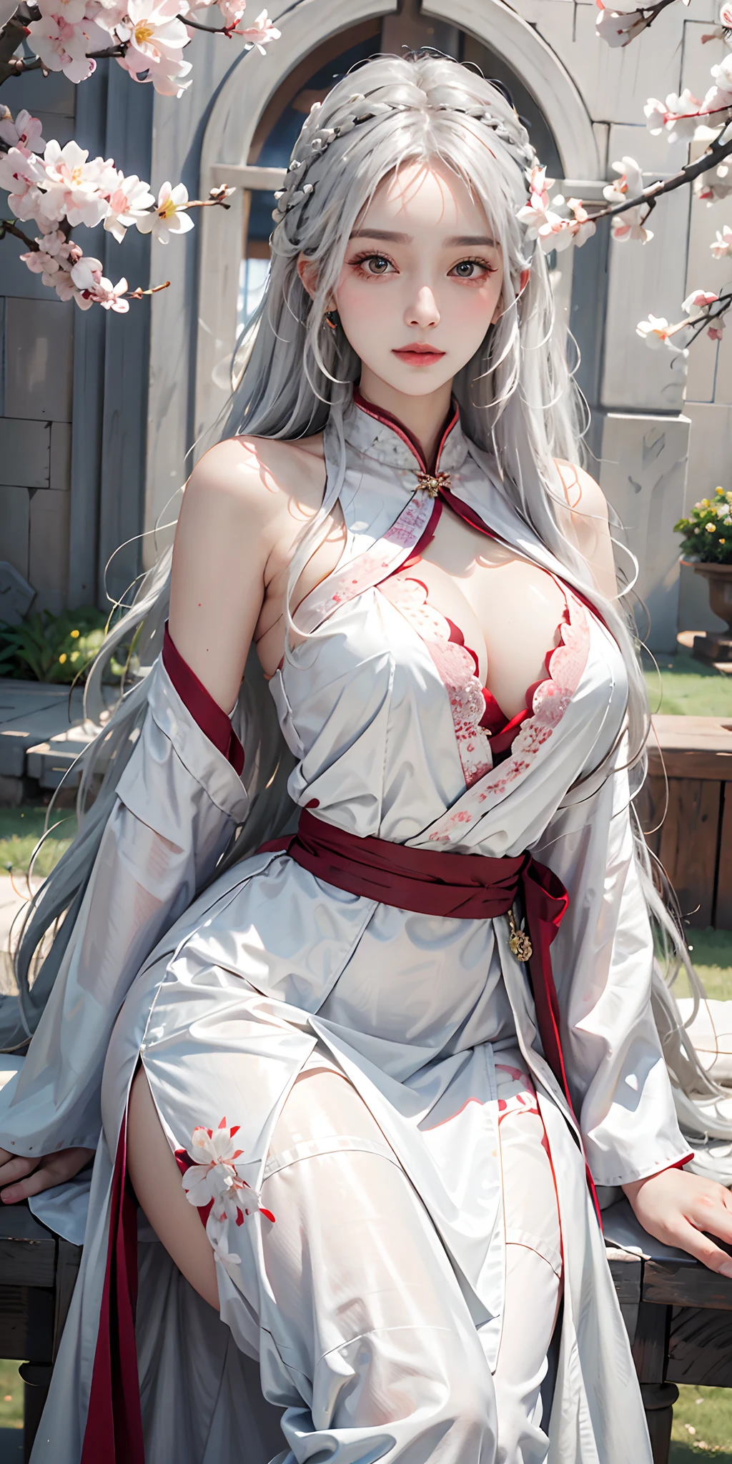 photorealistic, high resolution, soft light,1women, solo, hips up, shining skin, (detailed face),tattoo, jewelry, white hair, wedding hanfu, full red clothes, cherry blossom, night, white wavy hair, Beautiful Soldier, Eyes That Invite Viewer, Lover's Perspective, Inviting Expression, Sexy Smile, Perfect Style, Perfect Balance, Detailed Skin, Naughty Gaze, Chest Visible