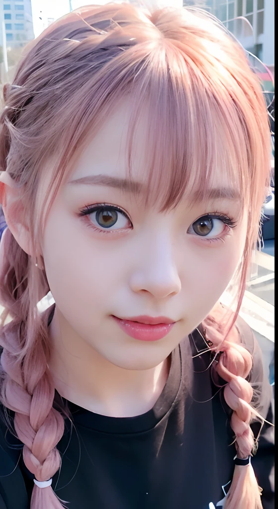 女の子1人、on tokyo street、natta、A city scape、city light、The upper part of the body、up close shot、Blue eyes,Full body,faces、(A smile:1.5)、small tits、high-school uniform、Black long sleeves、(8K、Raw photography、top-quality、​masterpiece:1.2)、(realisitic、photoRealstic:1.37), (Pink hair), Ear Hair, small tits, Single braid, (Single braid), (Side braid)