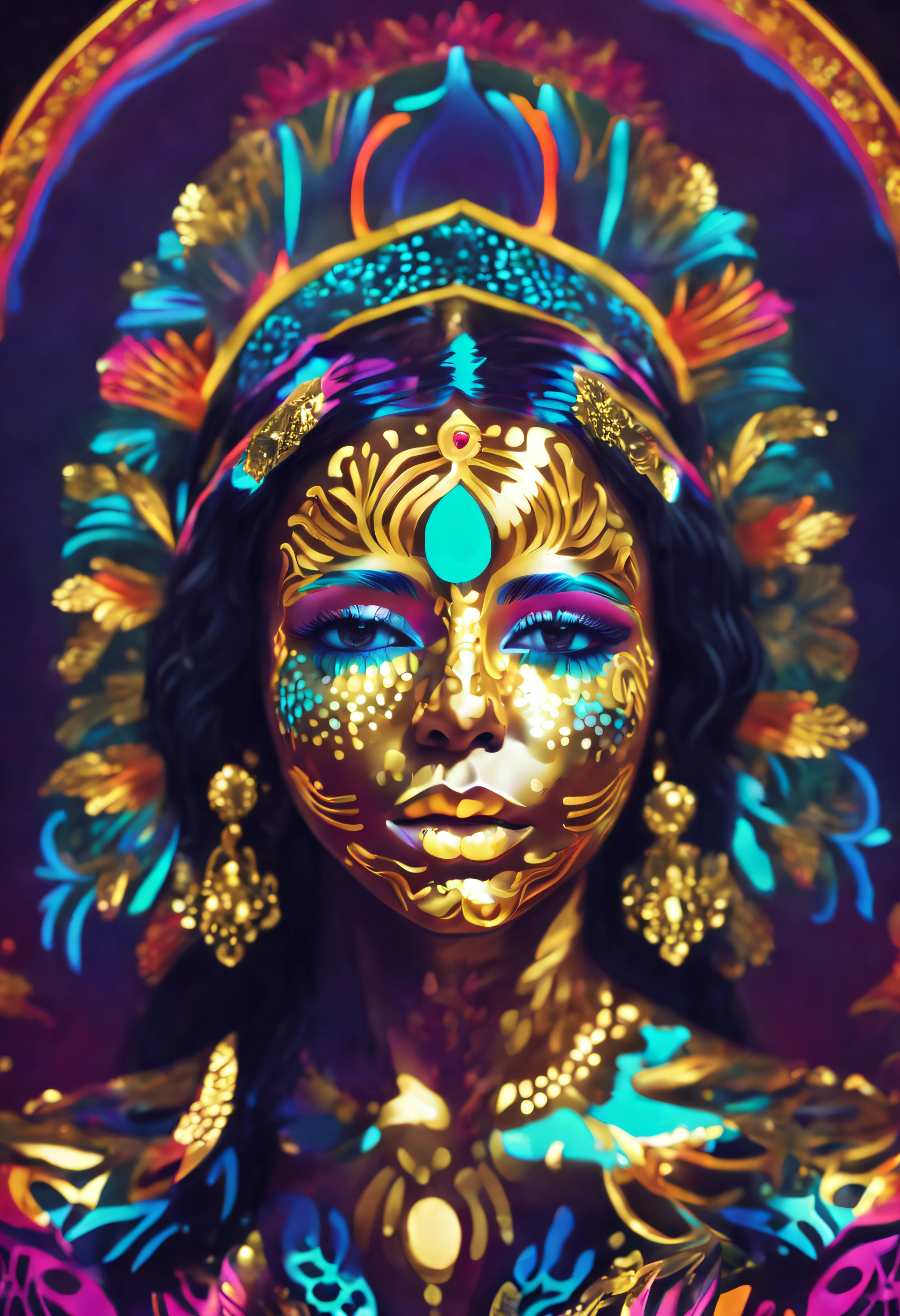 neon style, ornate portrait, gold skin, abstract symmetrical art