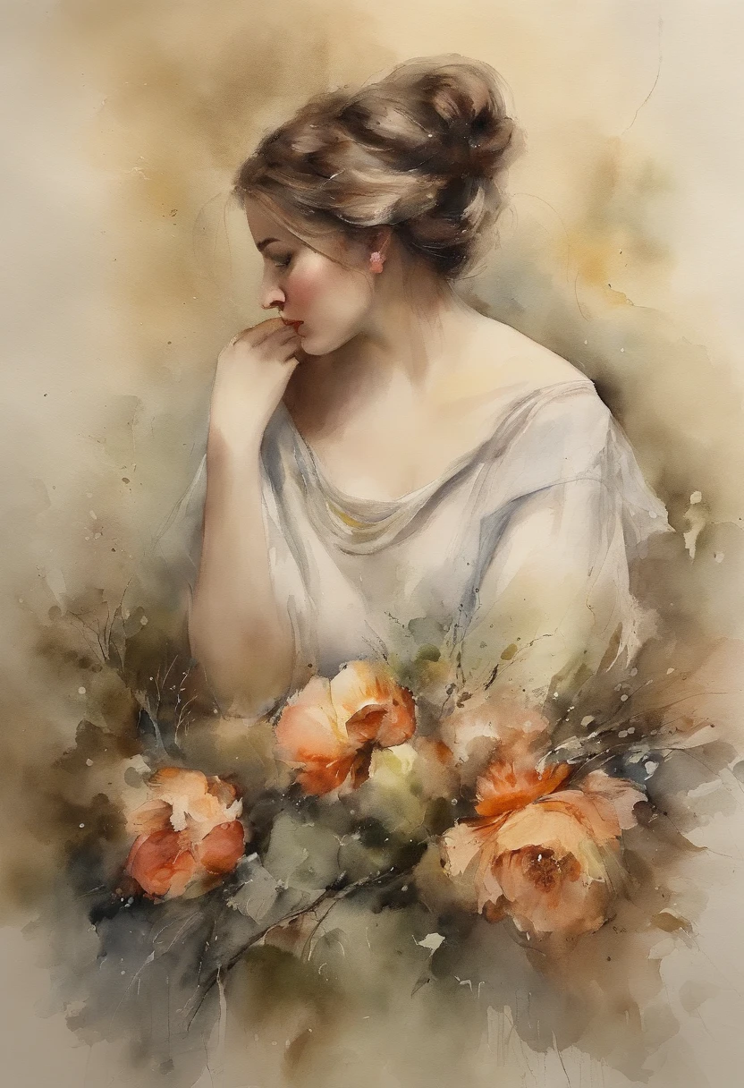 Pintura em aquarela de uma mulher preta bonita de cabelos cacheados, soltos, com mechas douradas : : trending on ArtStation: : Simple composition creates a sense of order and harmony. A pintura reflete as qualidades espirituais do mundo natural. --up luz --ar 9:16