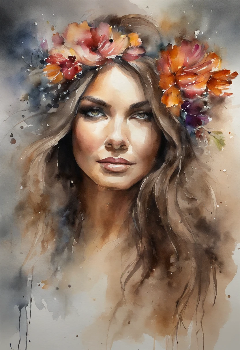Pintura em aquarela de uma mulher preta bonita de cabelos cacheados, soltos, com mechas douradas : : trending on ArtStation: : Simple composition creates a sense of order and harmony. A pintura reflete as qualidades espirituais do mundo natural. --up luz --ar 9:16