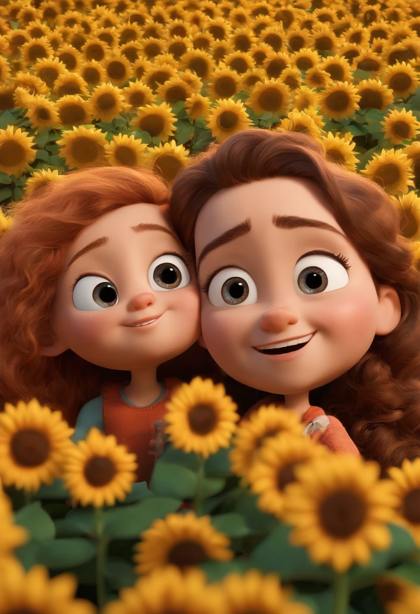 Create a Disney PIXAR-style 3D poster. ((centro da imagem, Triplets)), ((3 )) ((1 menino no meio e 2 meninas ao lado, They're hugging each other, O menino tem pele castanha e cabelos castanhos escuros e olhos castanhos escuros, 1 menina tem pele clara, olhos e cabelos escuros e cacheados, e a outra menina tem pele morena, olhos escuros e cabelos escuros e lisos)) ((tudo isso no estilo Disney PIXAR 3D, In the background, A house of sunflowers, Gloria Studio, The garden is full of nature 3D render RTX clay material, estilo de design cartunesco, POP Mart, soft lighting, linhas suaves, Spring tilt, Detailed illustrations of PIXAR 3D, Detalhes hiper-realistas, cor quente no estilo Disney PIXAR 3D))