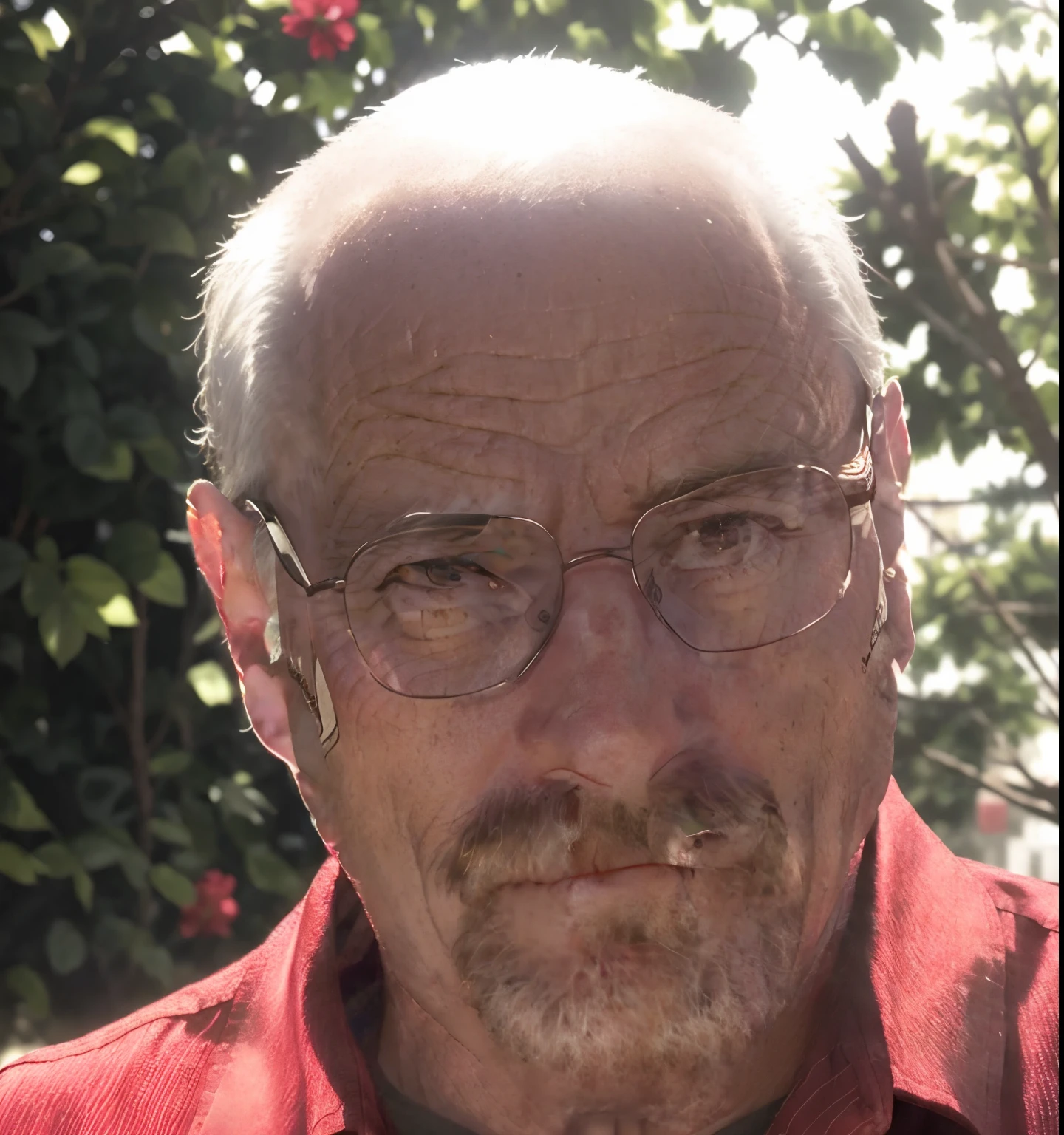 Man in glasses and red shirt looking at the camera, anime, realistic animation style