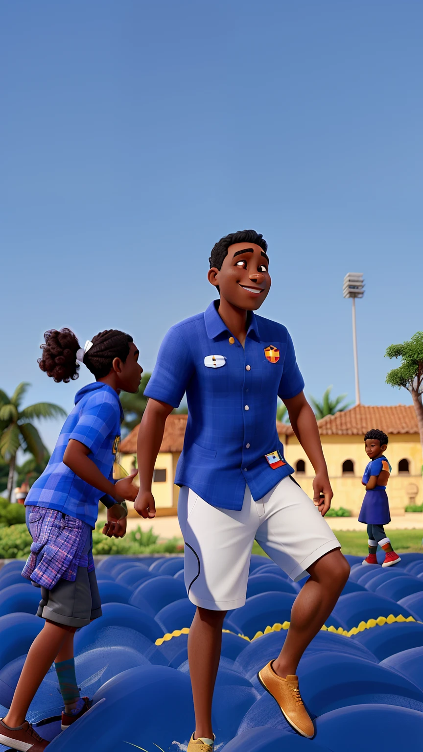 Um homem feliz pele preta pulando em um pula-pula